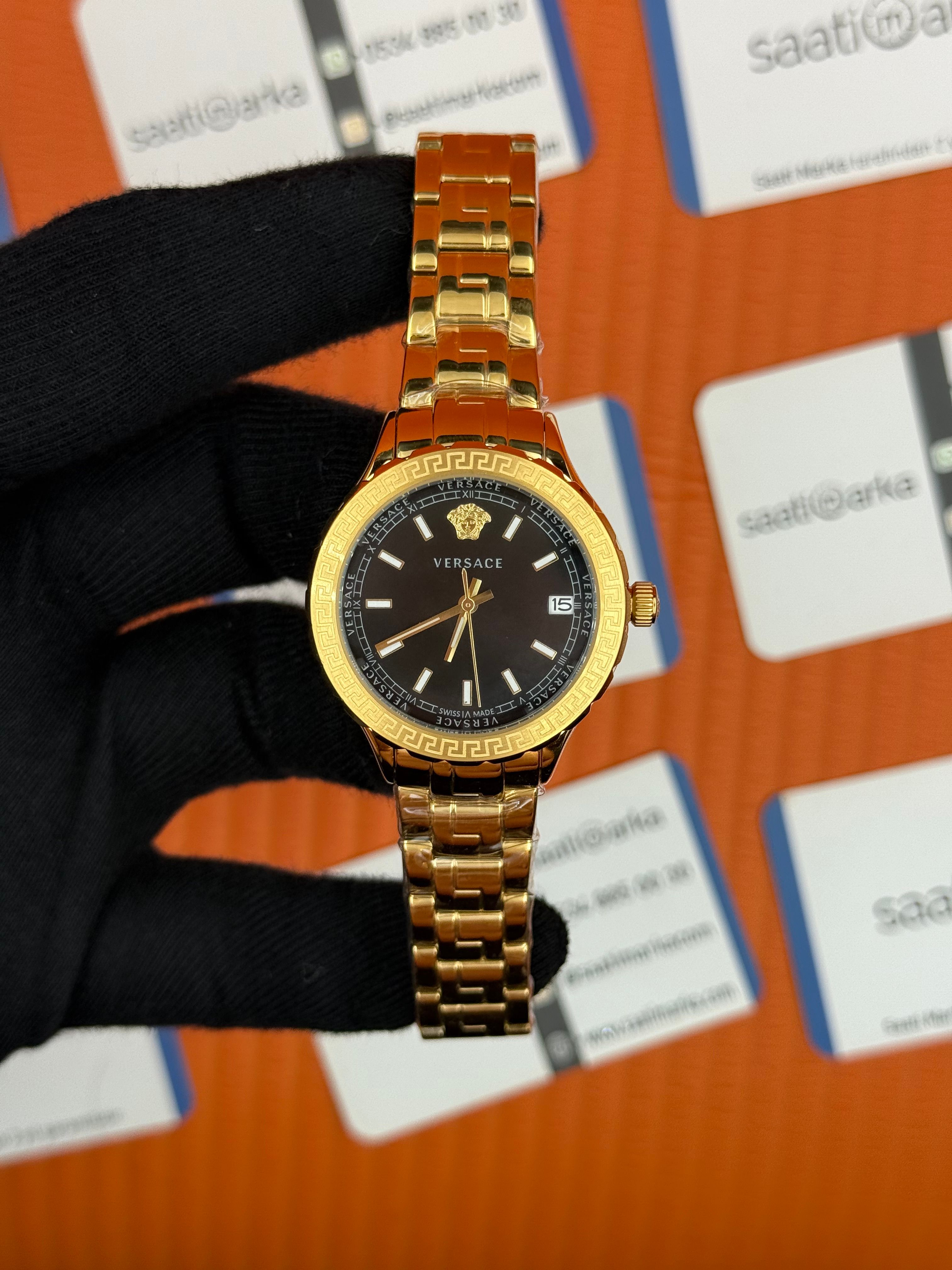VERSACE siyah kadran gold kasa kordon kadın kol saati