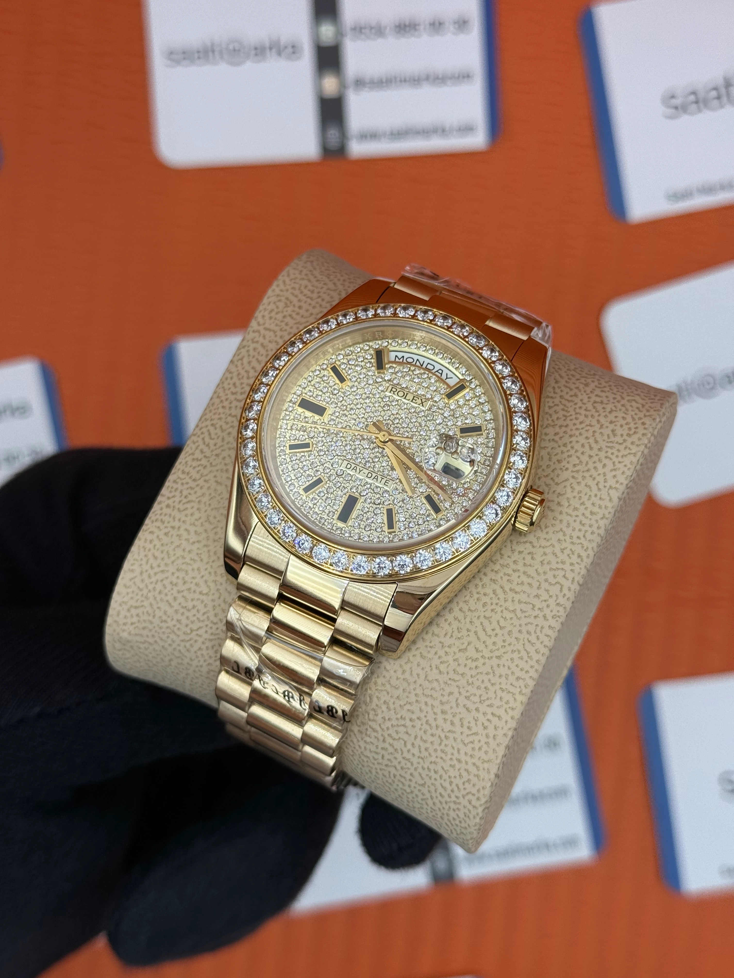 ROLEX Day Date taşlı kadran-bezel gold president kordon