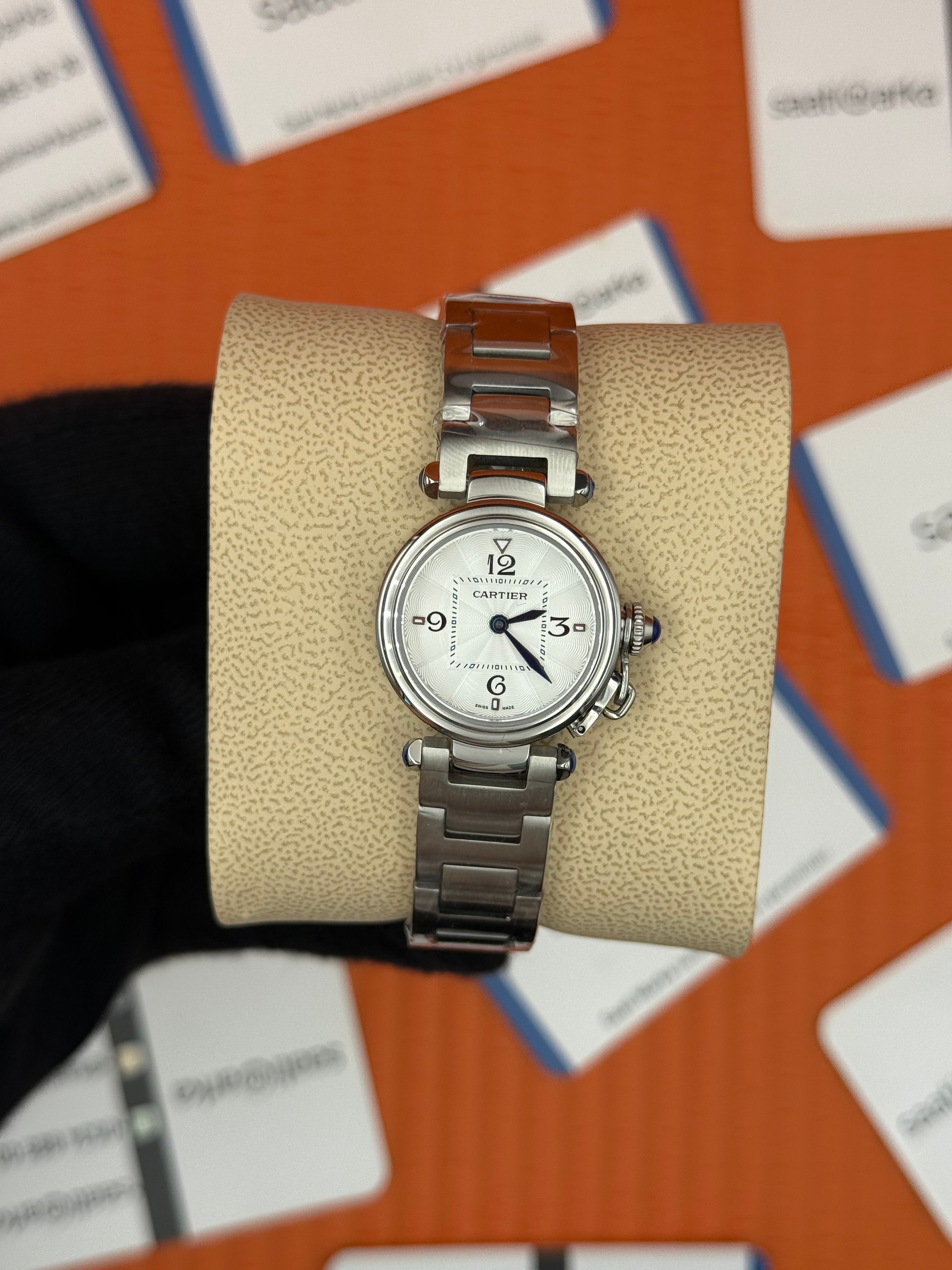 CARTIER Pasha 27mm kadın kol saati silver kasa-kordon beyaz kadran