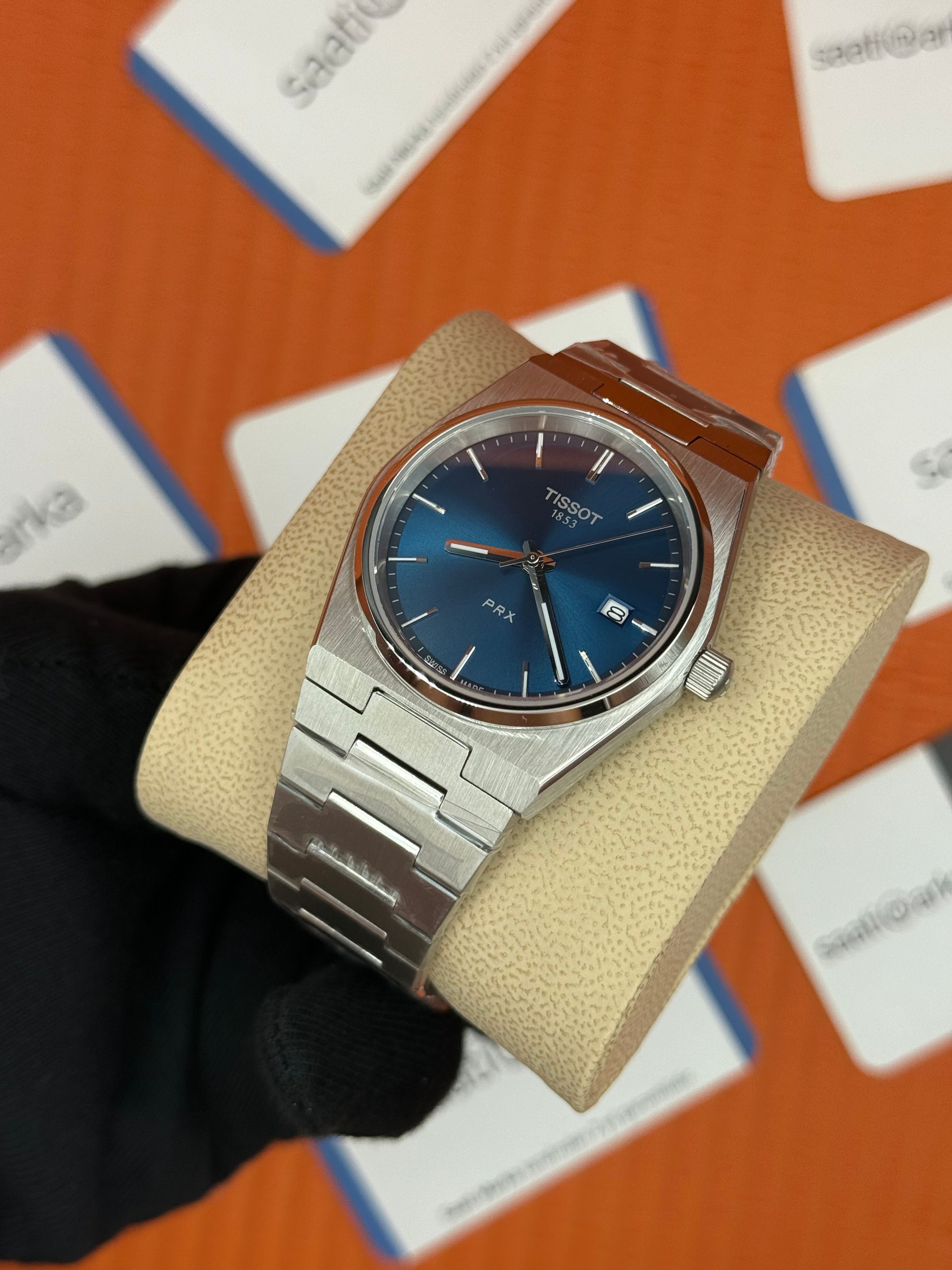 TISSOT PRX 40MM mavi kardan silver kasa  kordon erkek kol saati