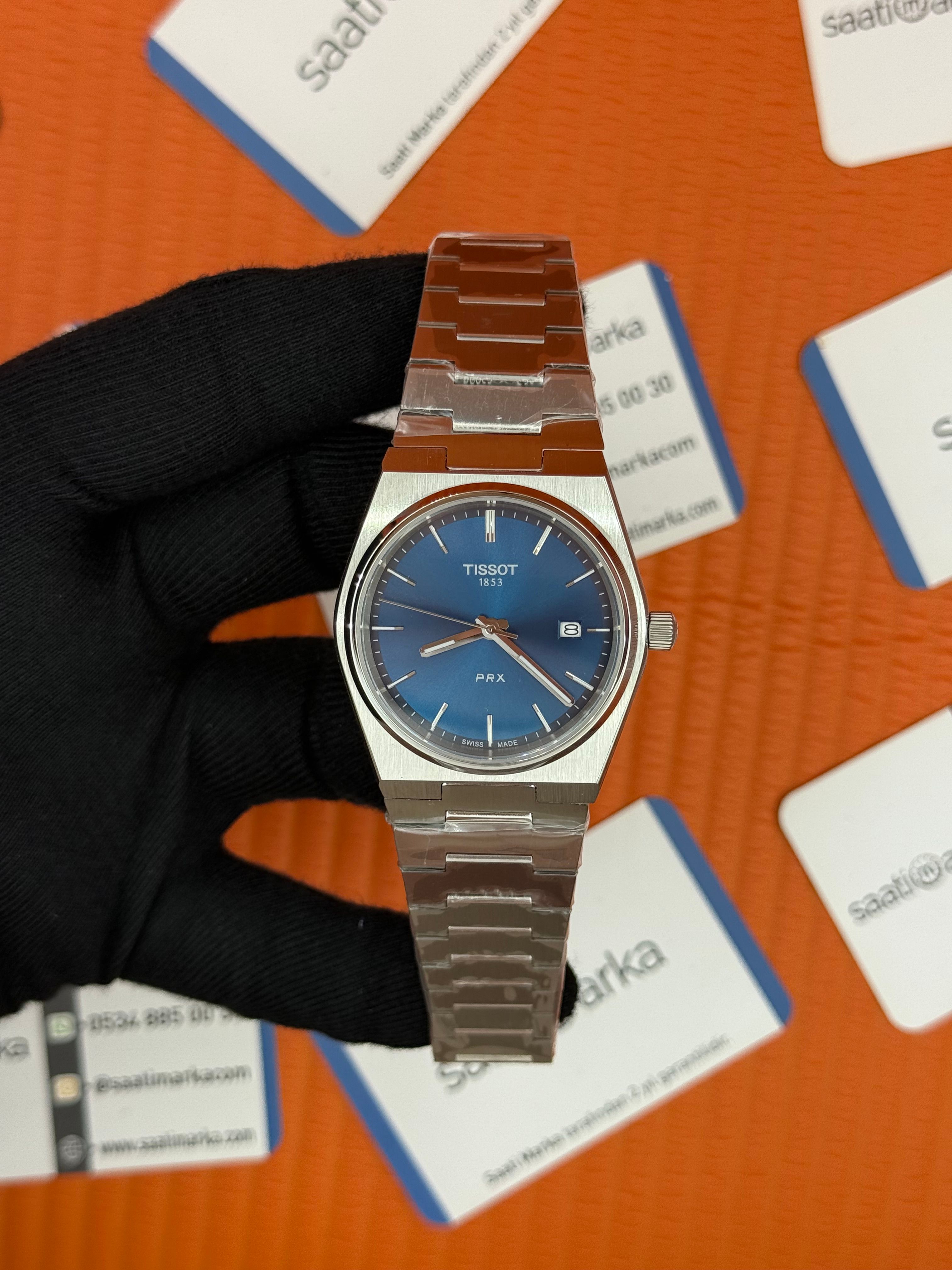 TISSOT PRX 40MM mavi kardan silver kasa  kordon erkek kol saati