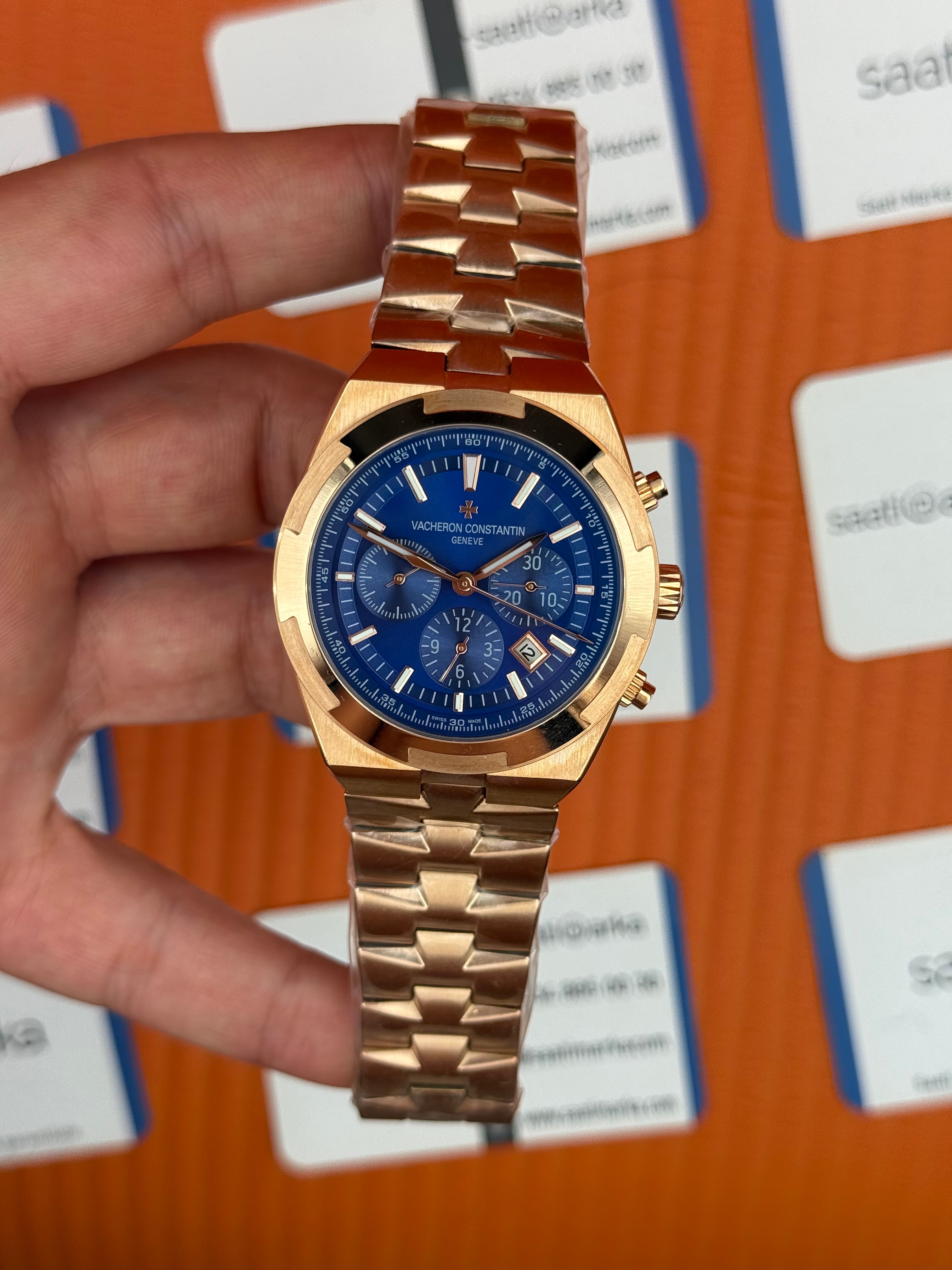 VACHERON CONSTANTIN overseas chronograph mavi kadran rose kasa kordon erkek kol saati