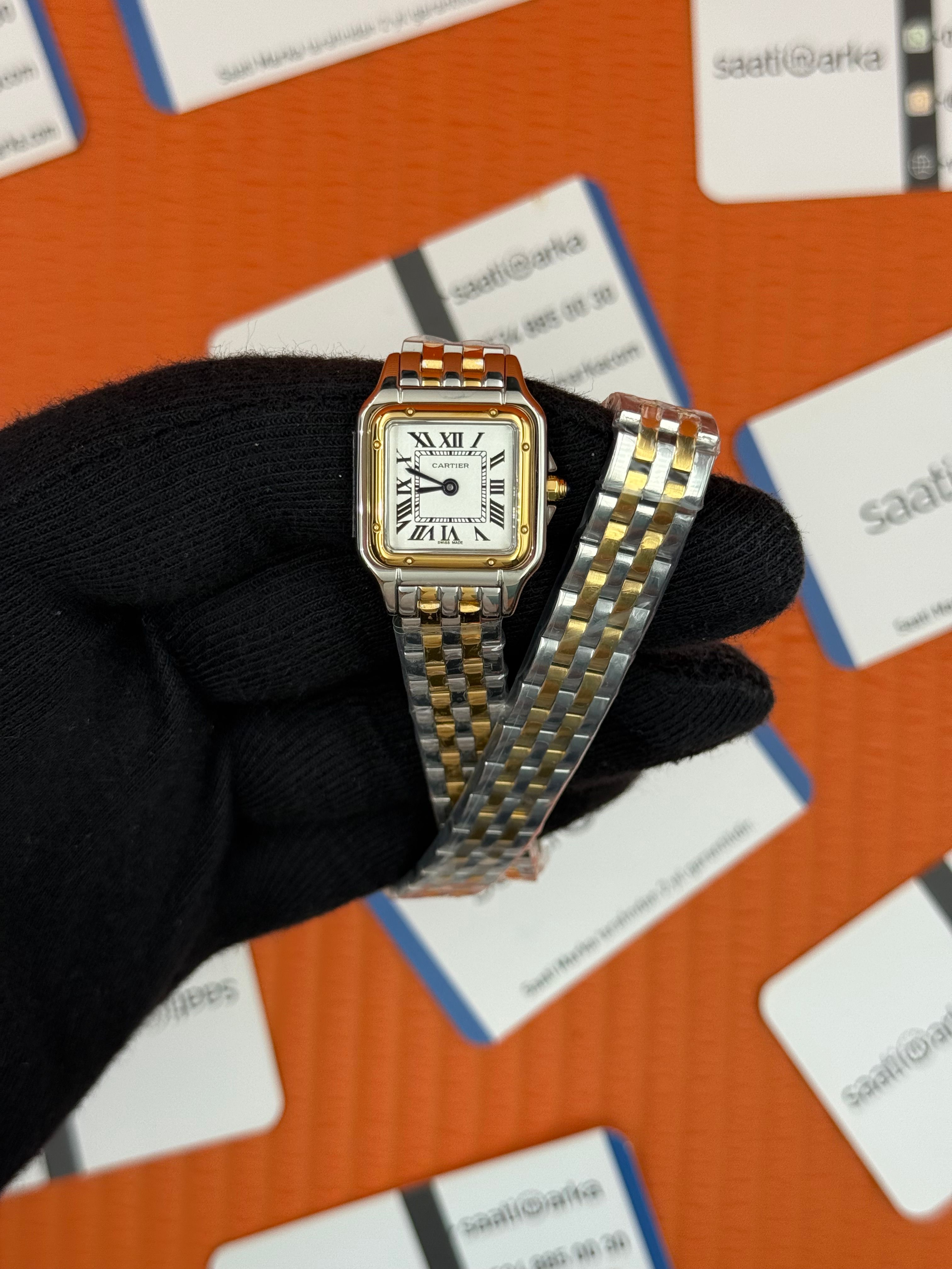 CARTIER Panthere 22mm çift sarma kordon silver kasa gold bezel 