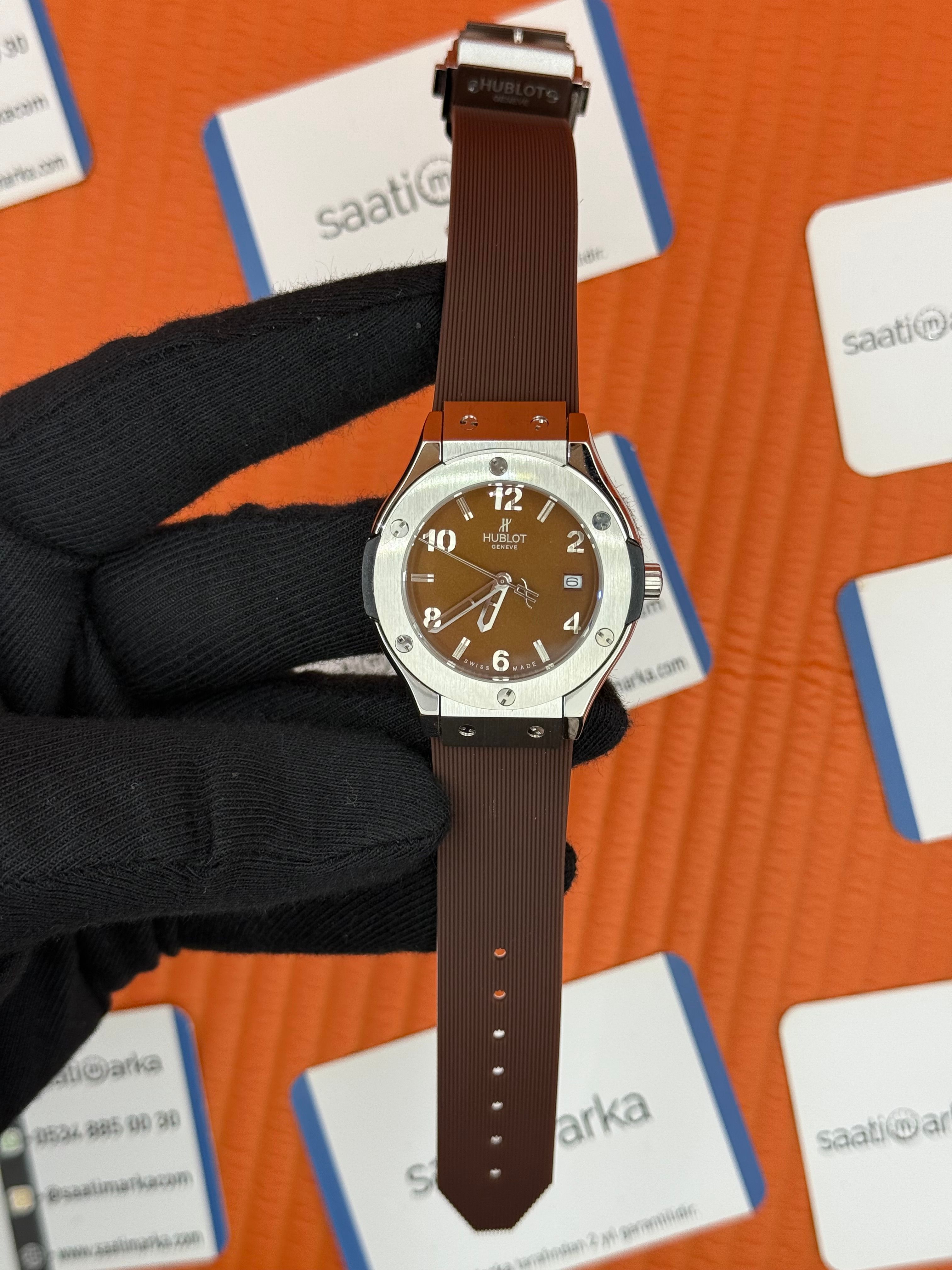 HUBLOT kahverengi kadran kahverengi kauçuk kordon silver kasa kadın kol saati