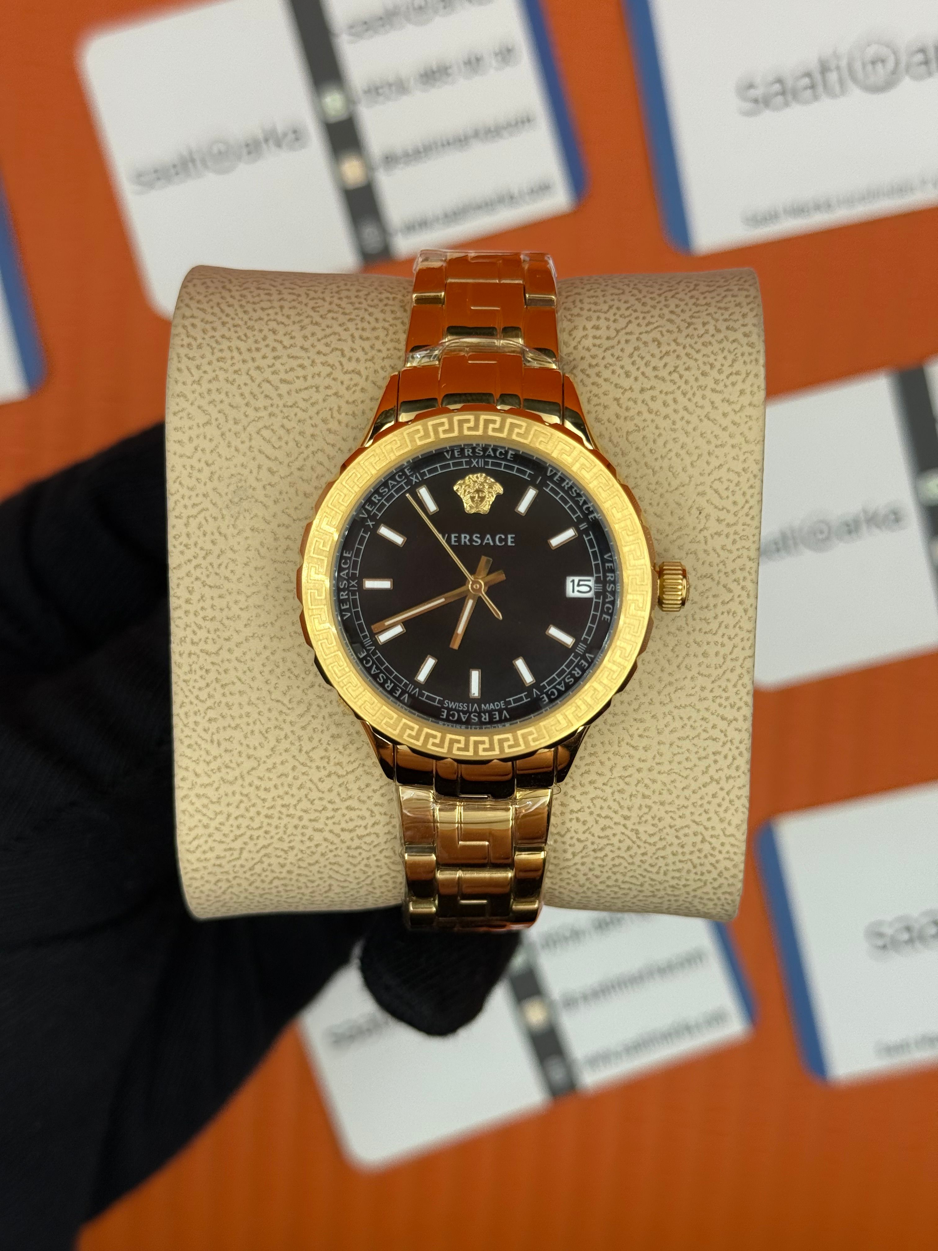 VERSACE siyah kadran gold kasa kordon kadın kol saati