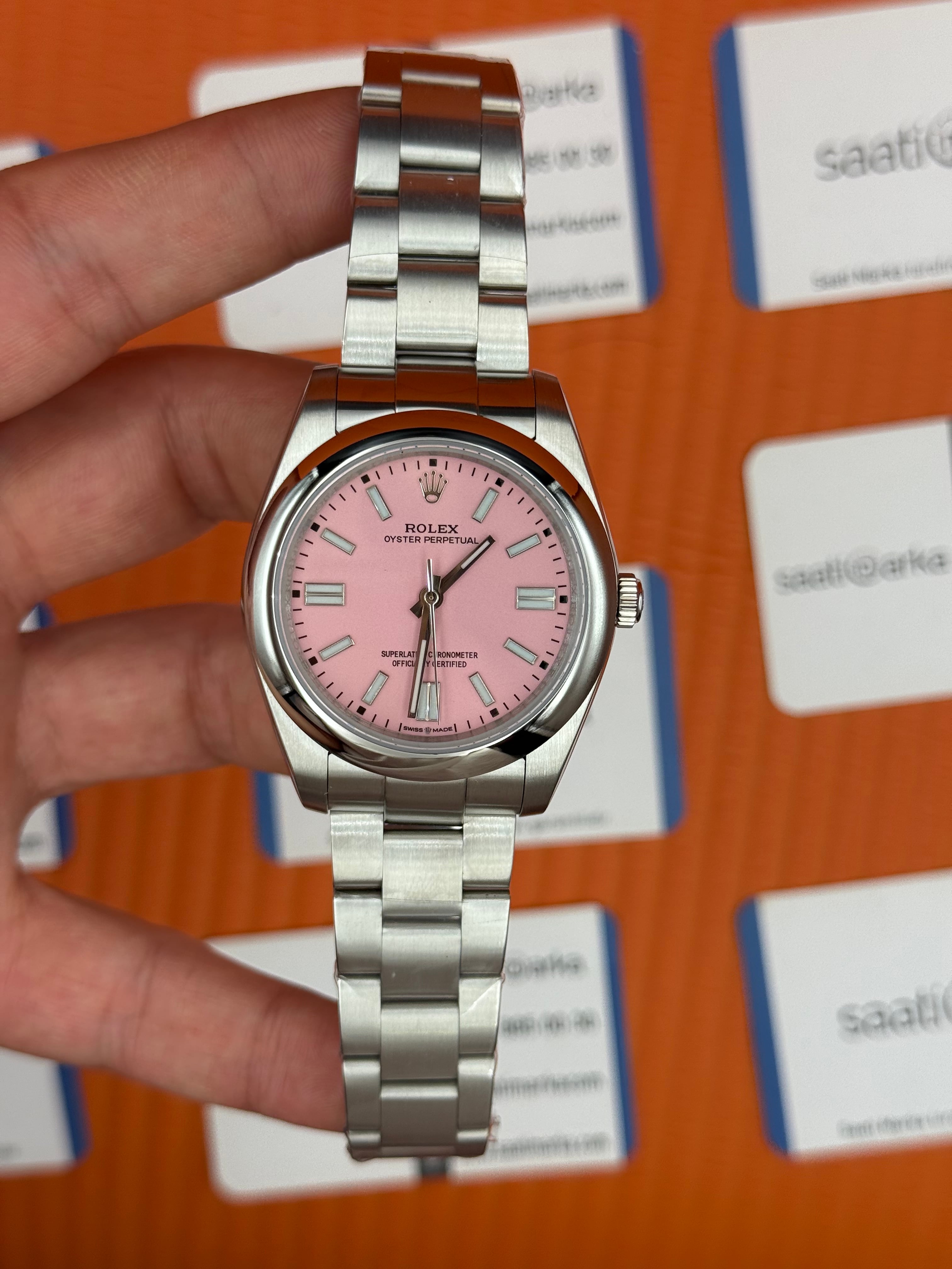 ROLEX oyster perpetual pembe kadran silver kasa kordon erkek kol saati