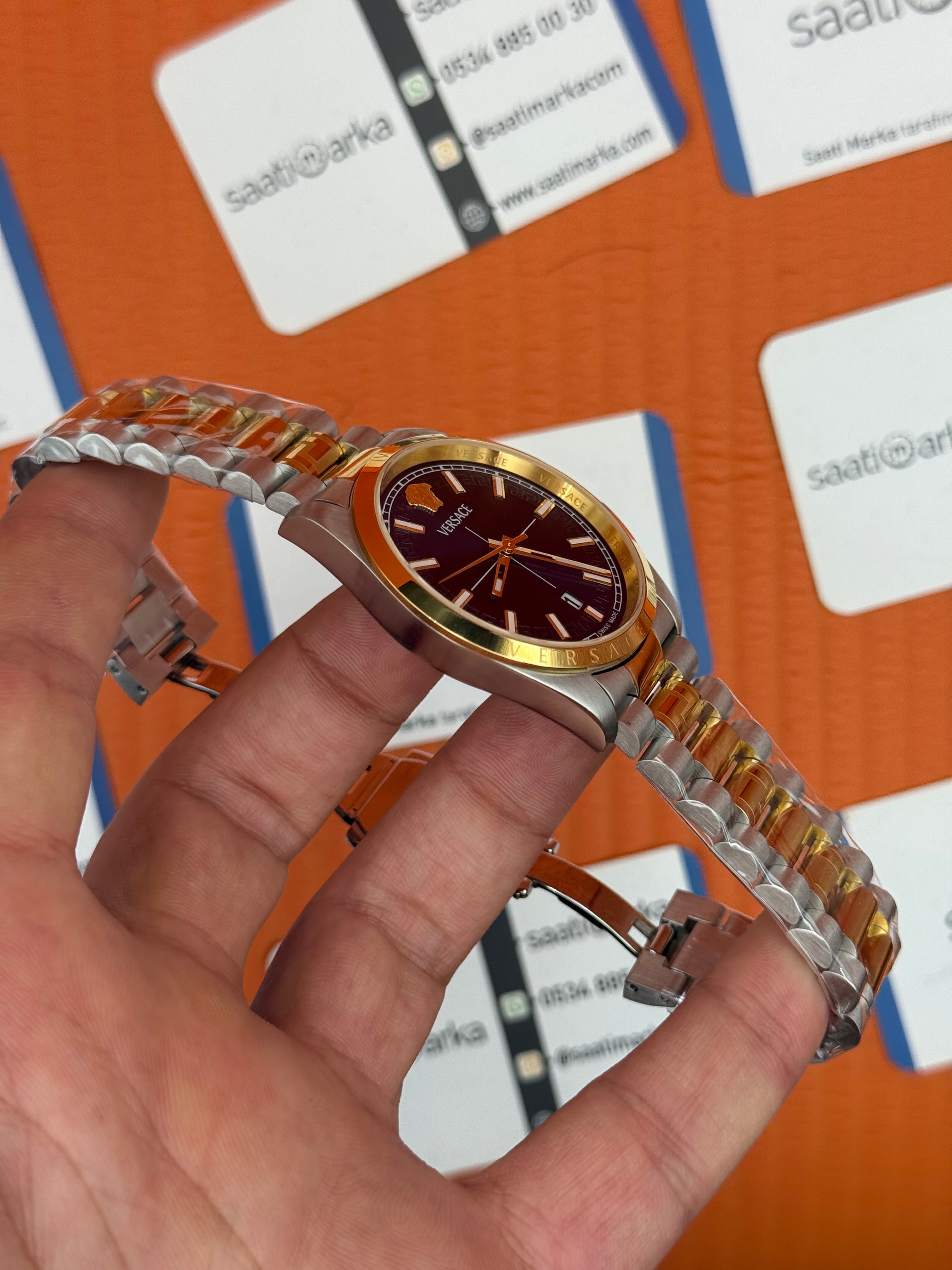 VERSACE 40mm lacivert kadran gold silver kasa kordon erkek kol saati