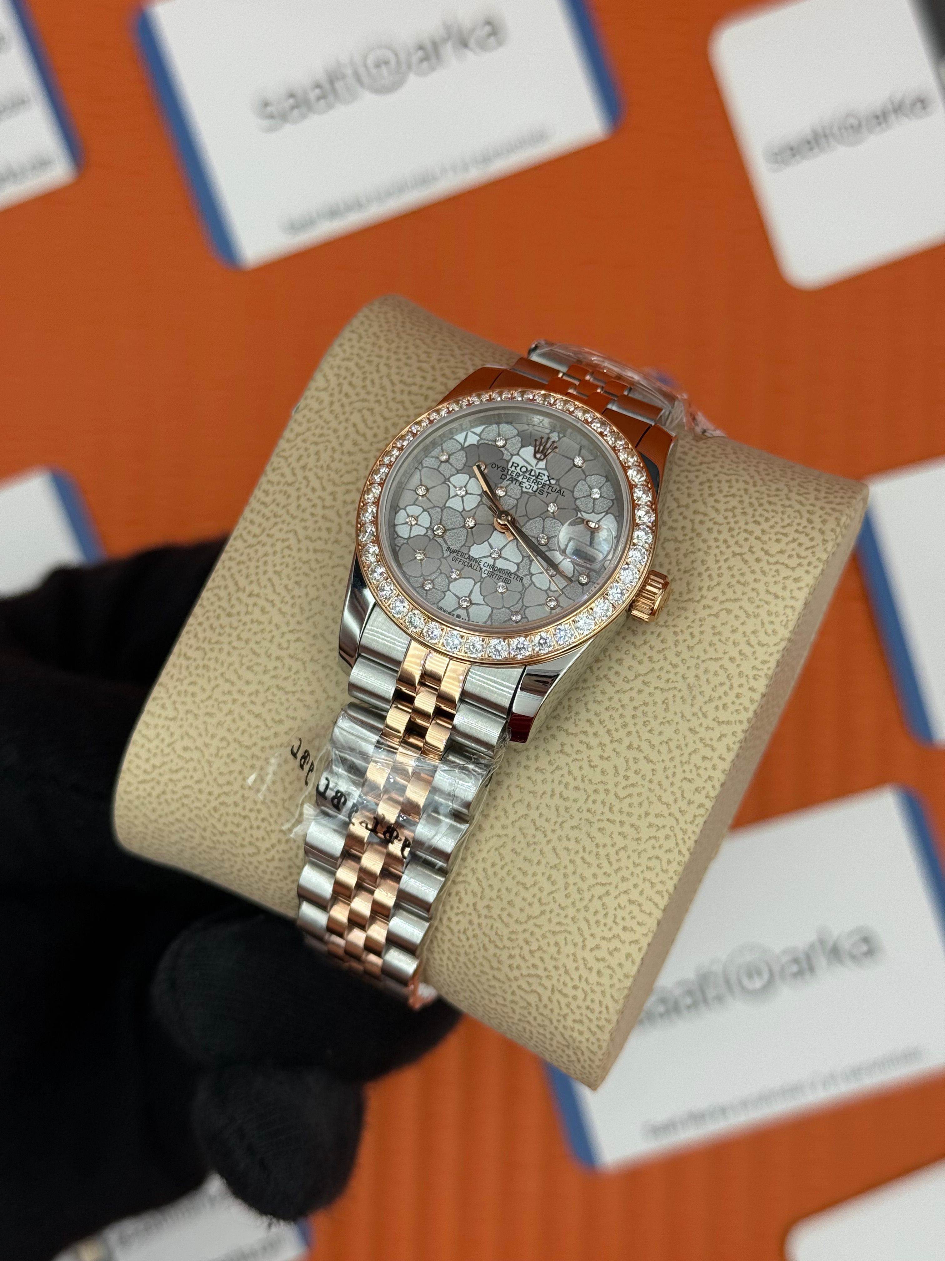 ROLEX datejust 31mm çiçekli kadran rose silver jubilee kordon taşlı bezel 