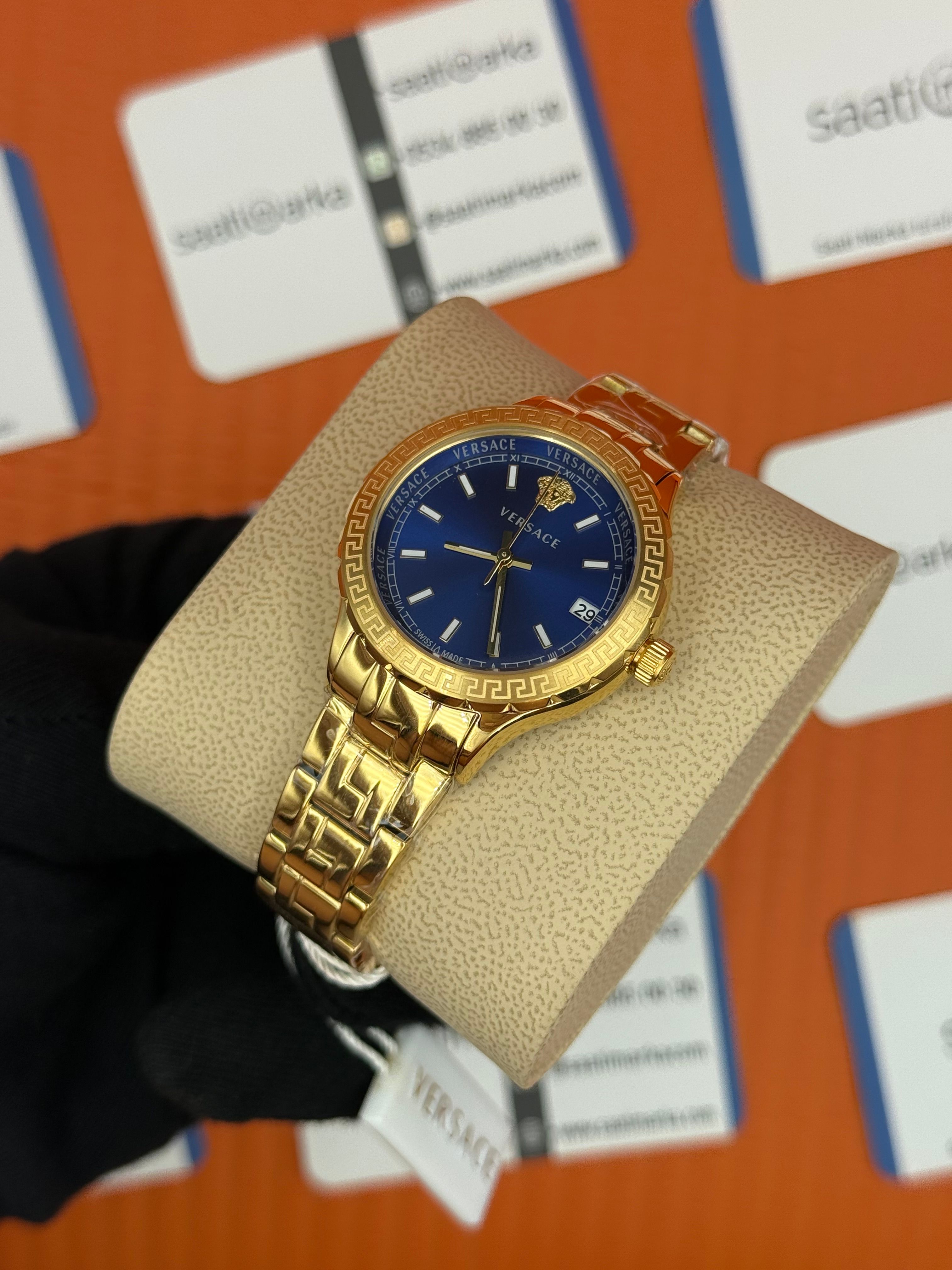 VERSACE mavi kadran gold kasa kordon kadın kol saati