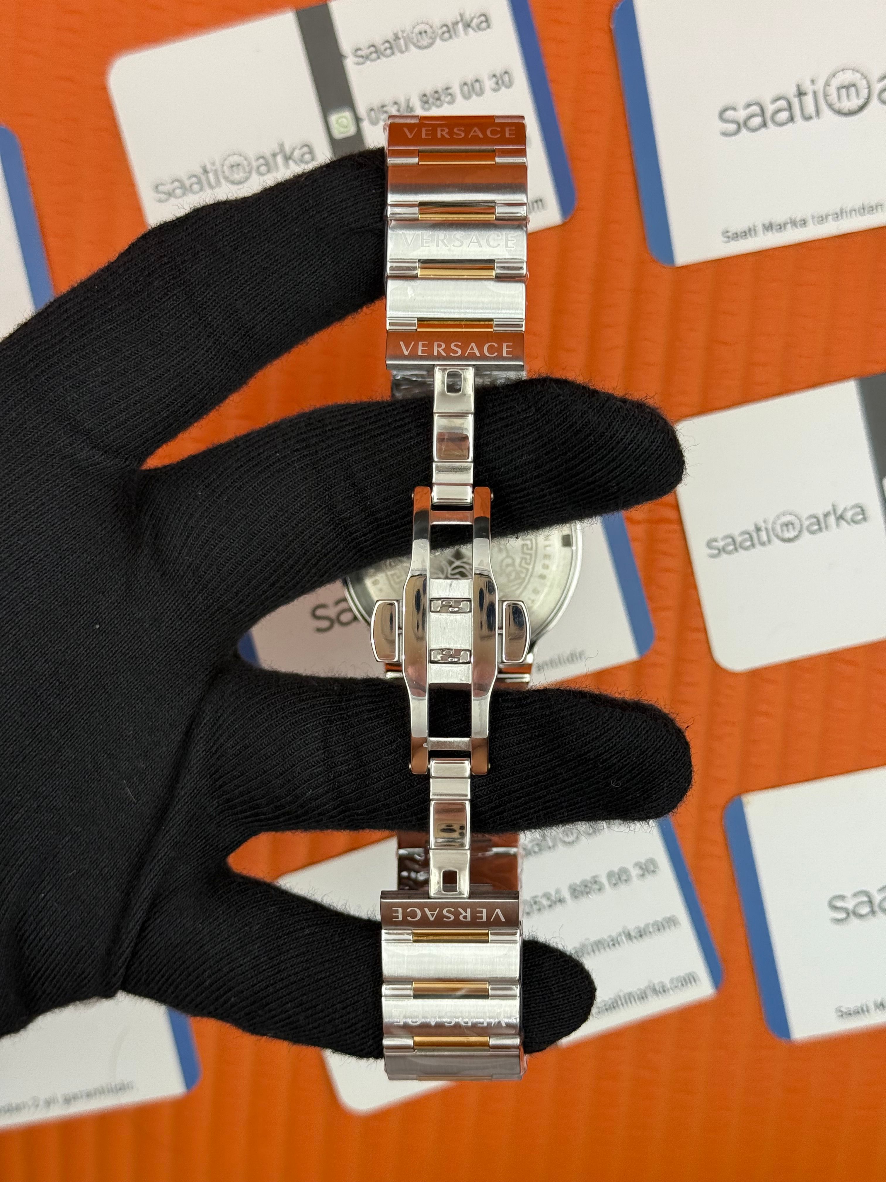 VERSACE mavi kadran gold silver kasa kordon erkek kol saati