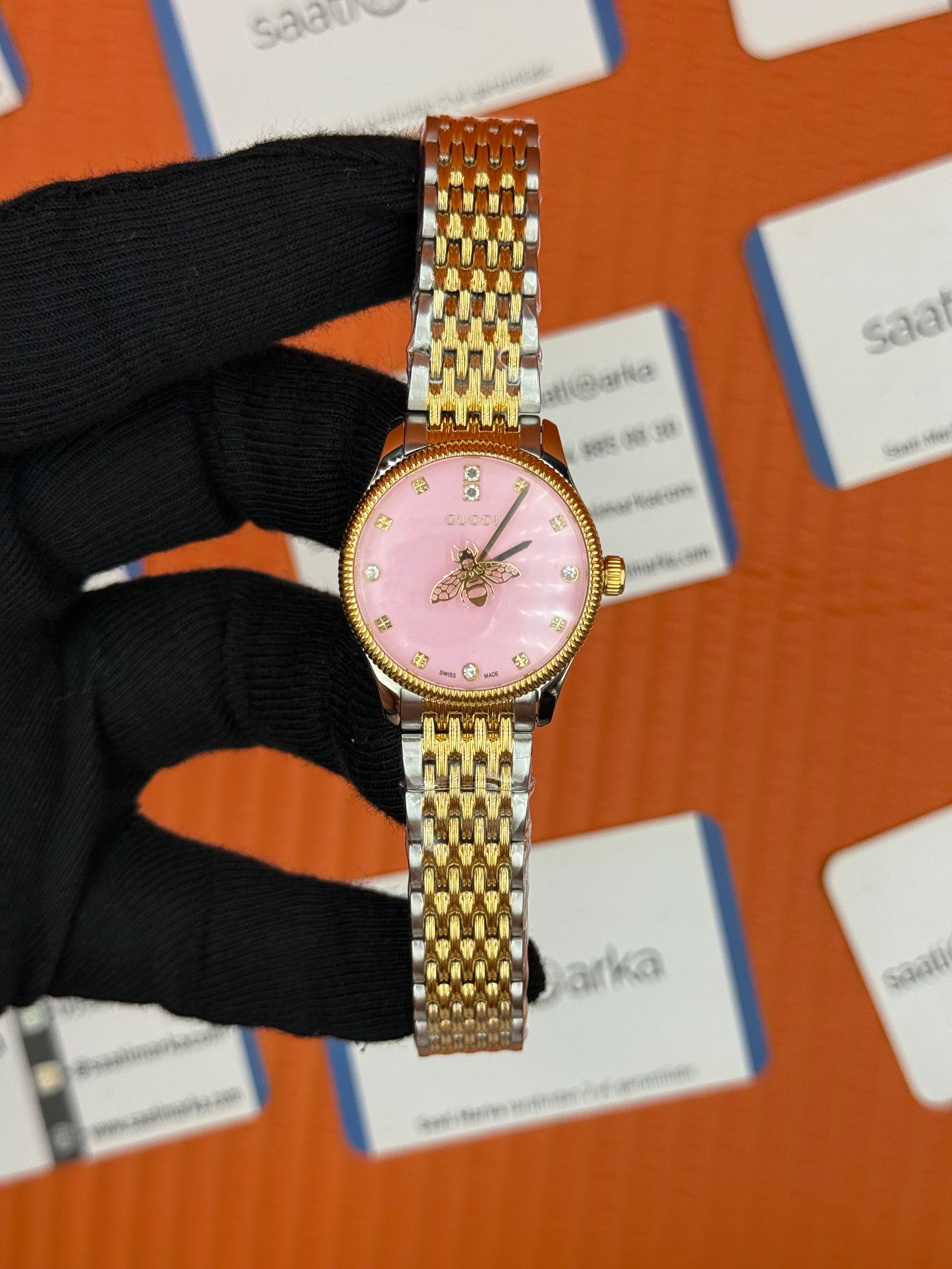 GUCCI pembe kadran gold silver kasa kordon kadın kol saati