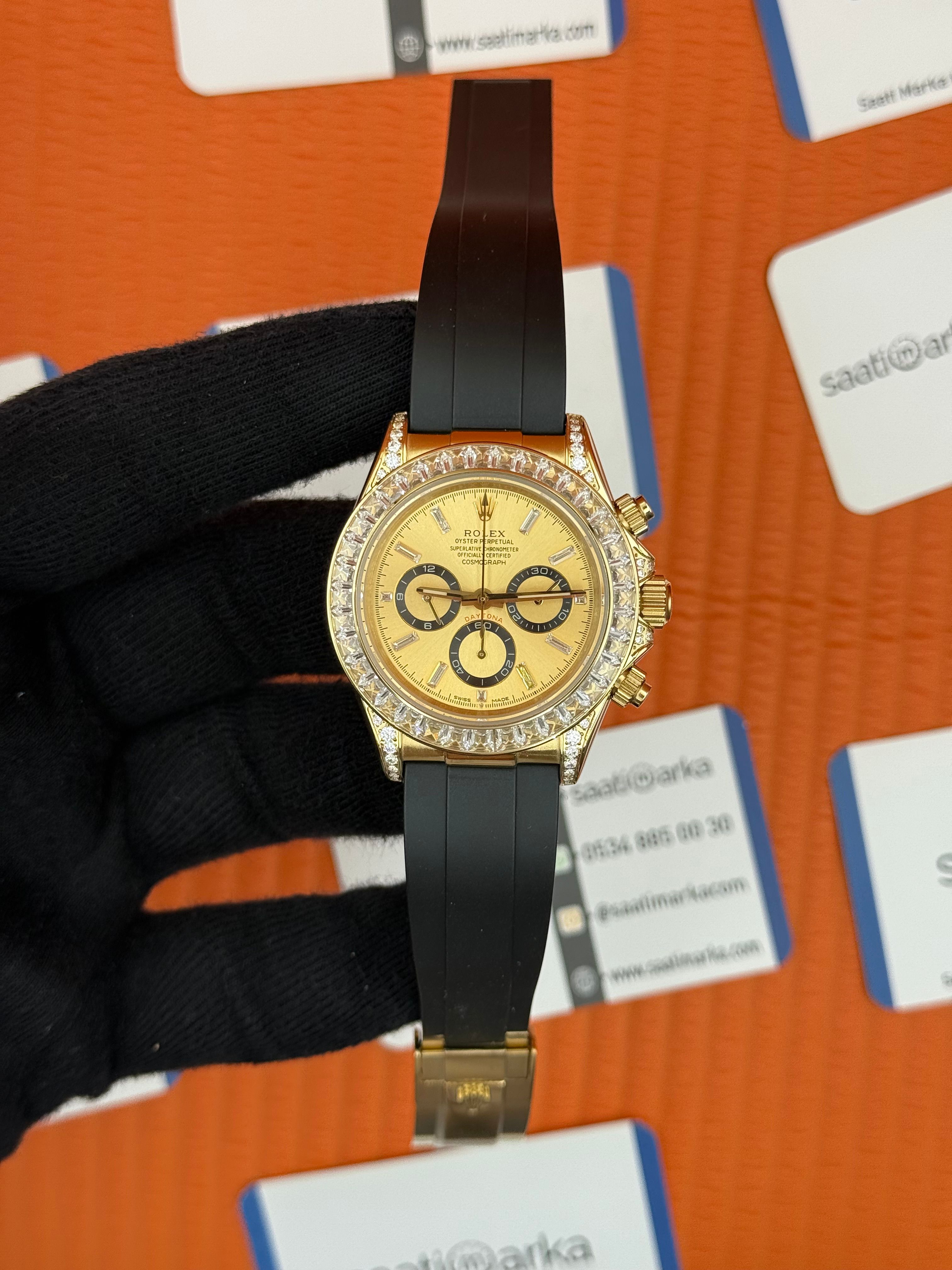 ROLEX Daytona taşlı bezel champagne dial siyah kauçuk kordon