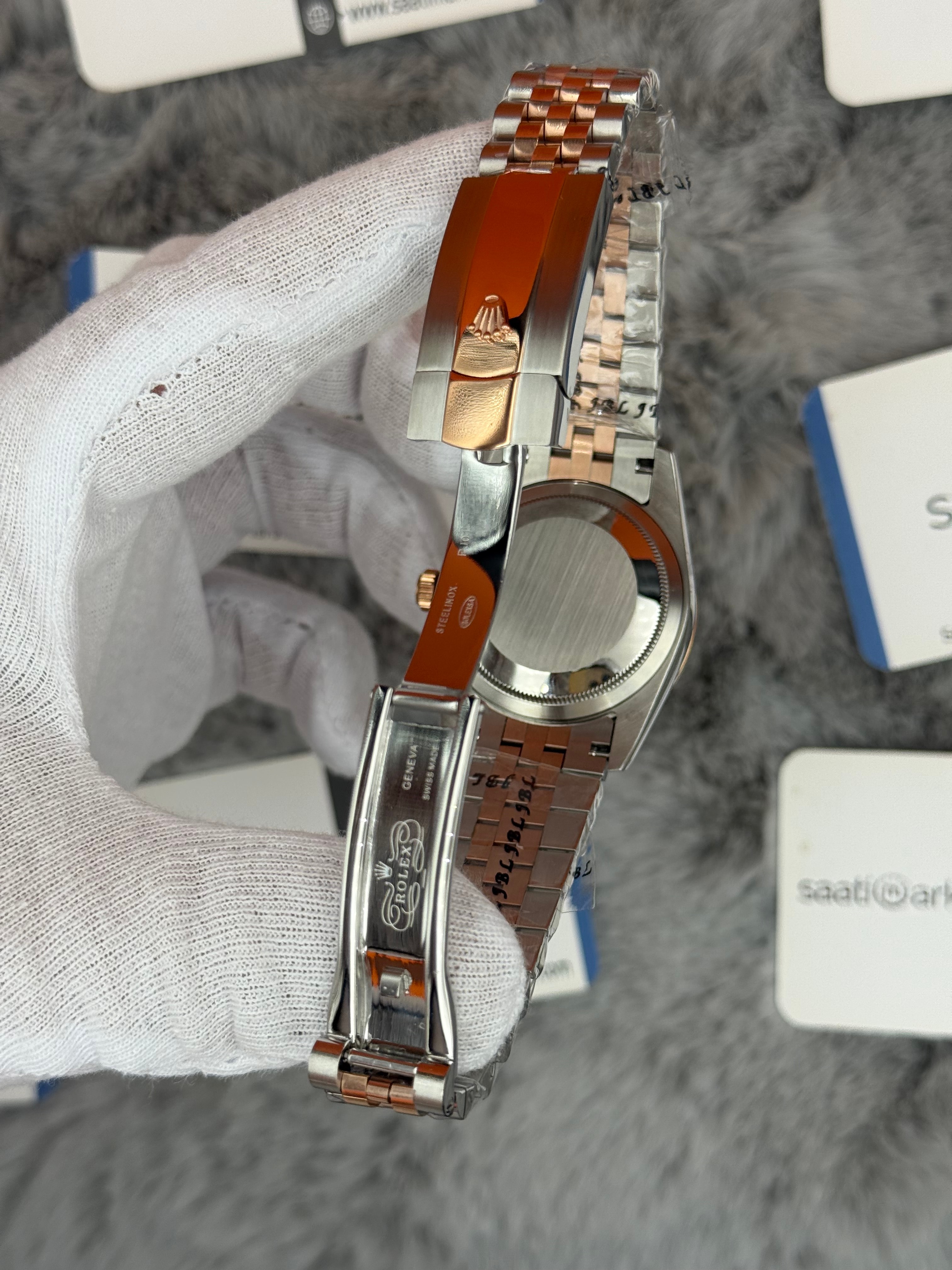 ROLEX datejsut 36 mm gri kadran taşlı bezel silver kasa rose silver jubilee kordon