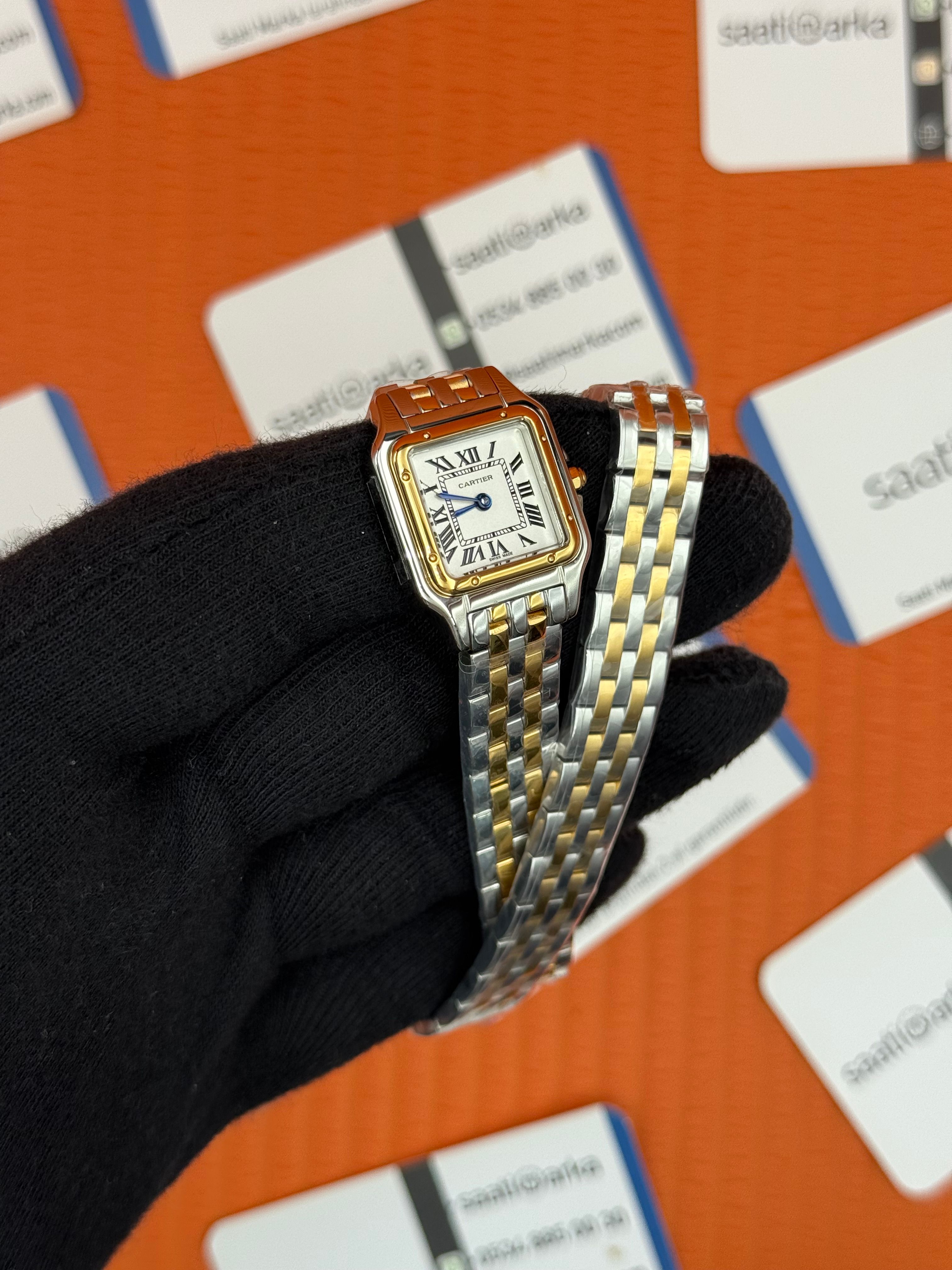 CARTIER Panthere 22mm çift sarma kordon silver kasa gold bezel 