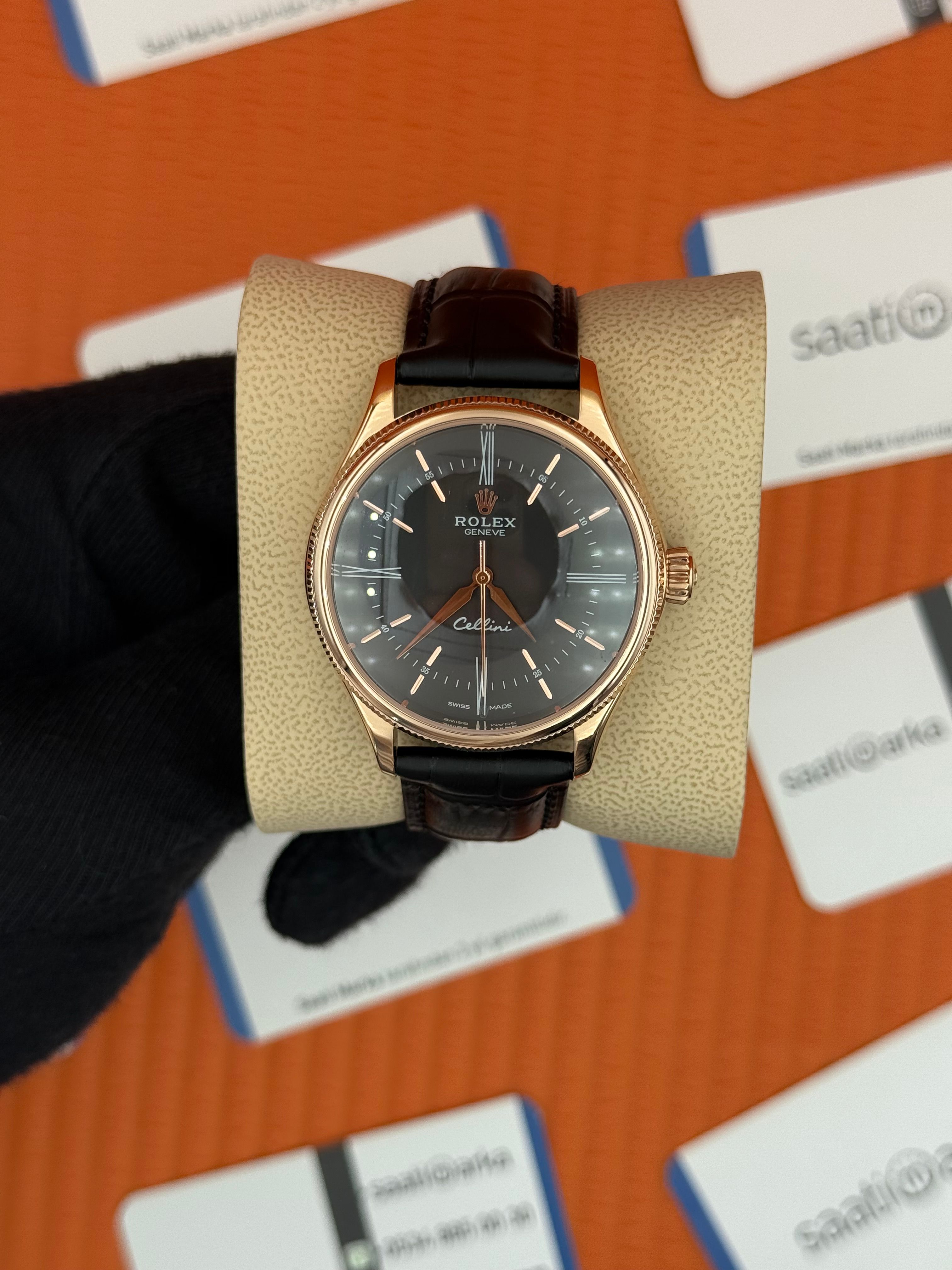ROLEX Cellini rose kasa siyah kadran siyah deri kordon