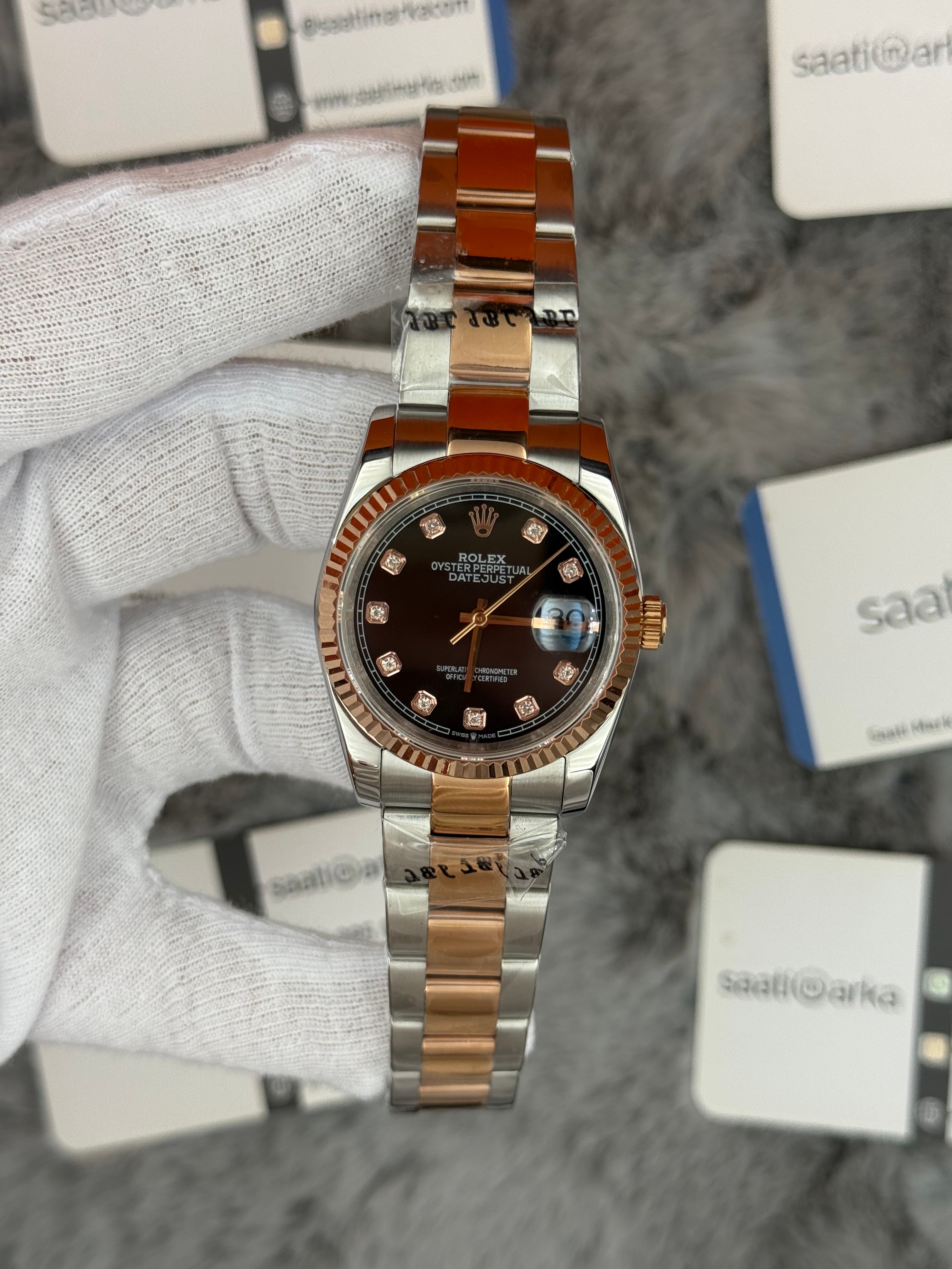 ROLEX Datejust 36mm siyah baget taşlı kadran silver kasa rose silver oyster kordon 