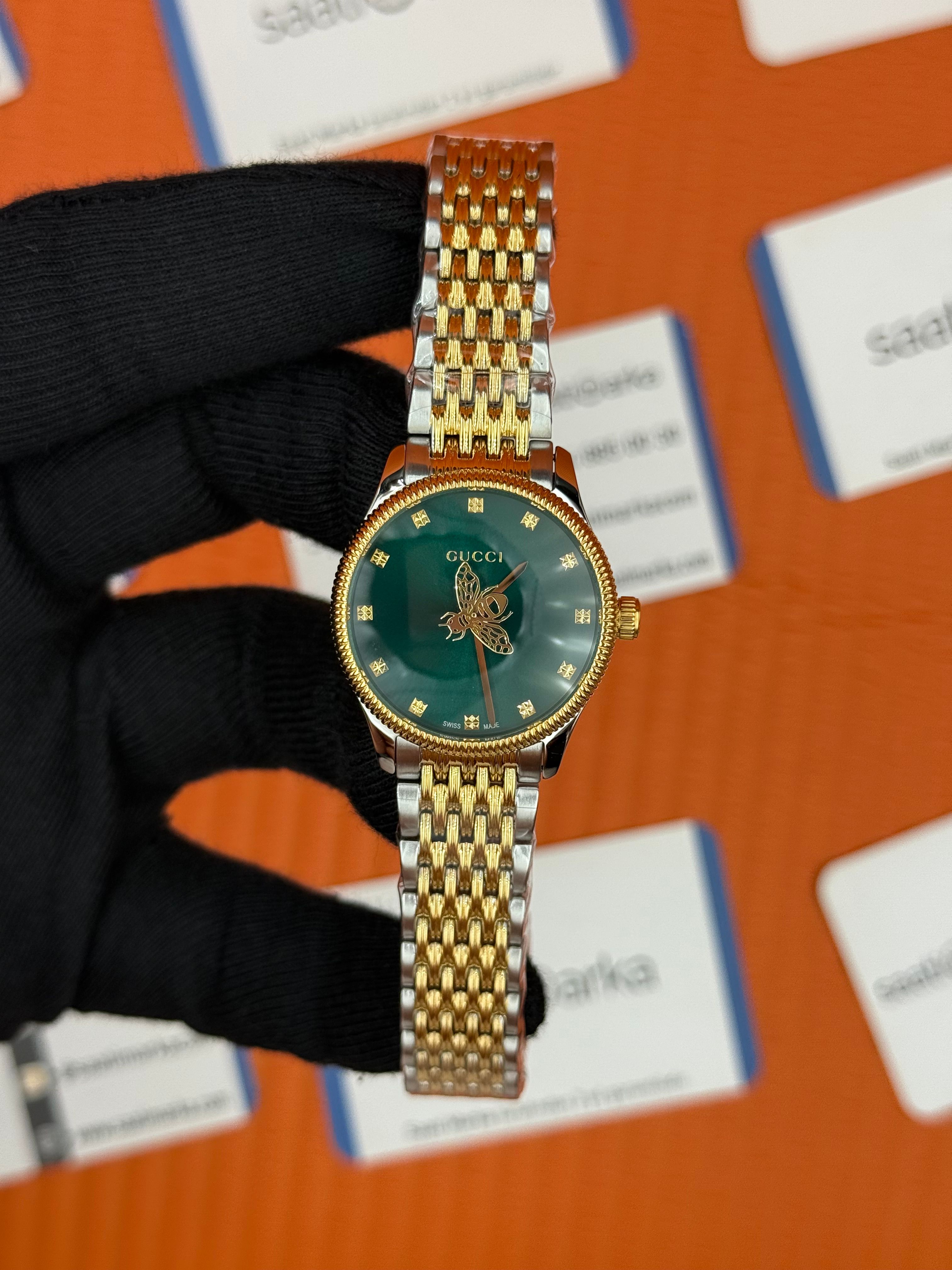 GUCCI yeşil kadran gold silver kasa kordon kadın kol saati