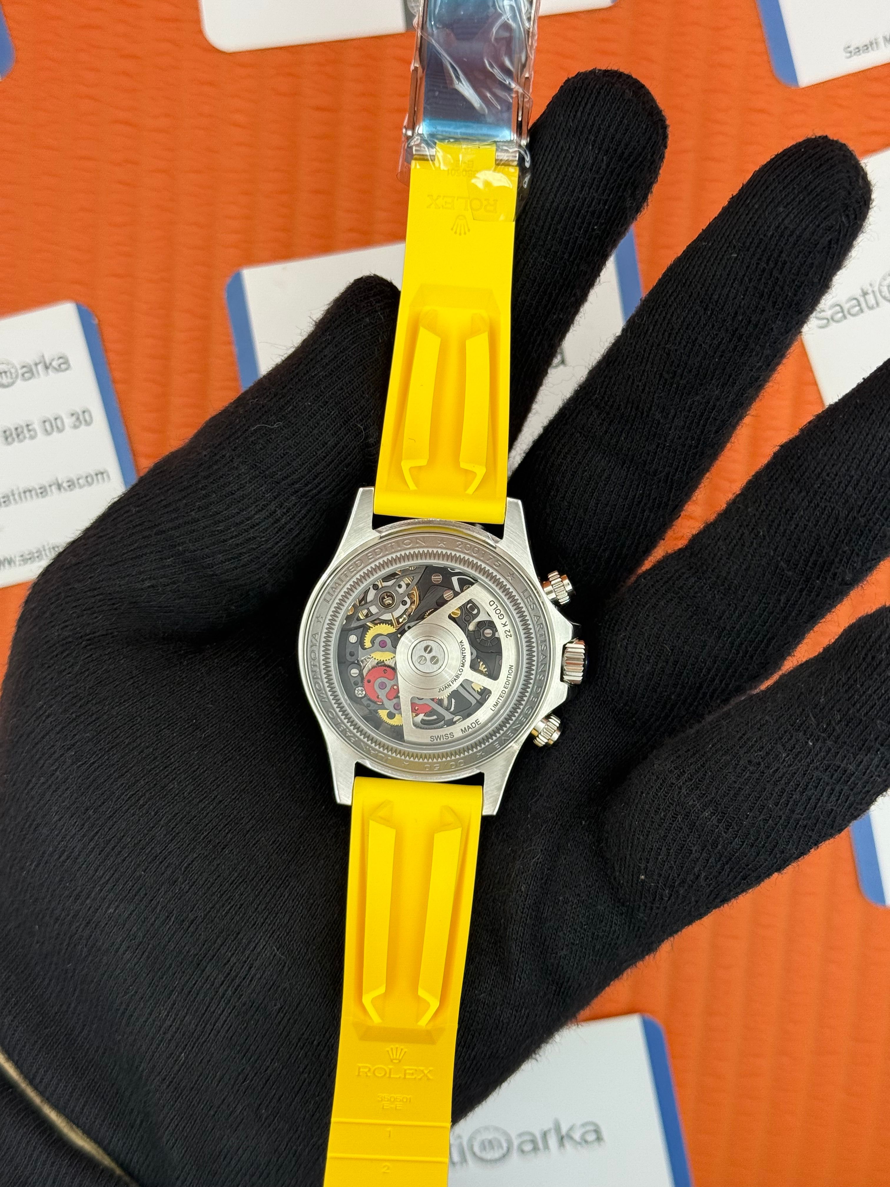 ROLEX Daytona juan pablo montoya sarı kauçuk kordon silver kasa