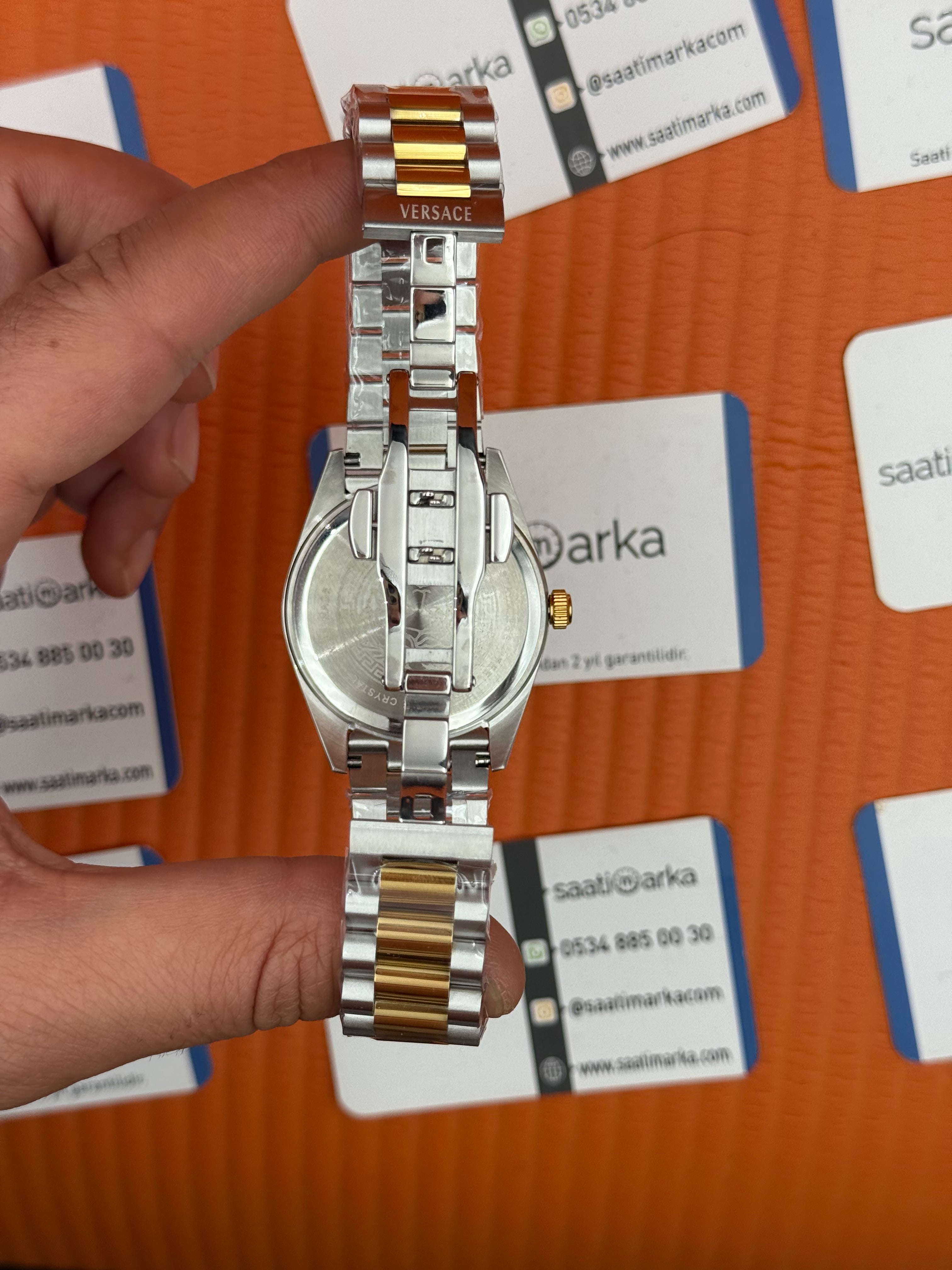 VERSACE 40mm beyaz kadran gold silver kasa kordon erkek kol saati