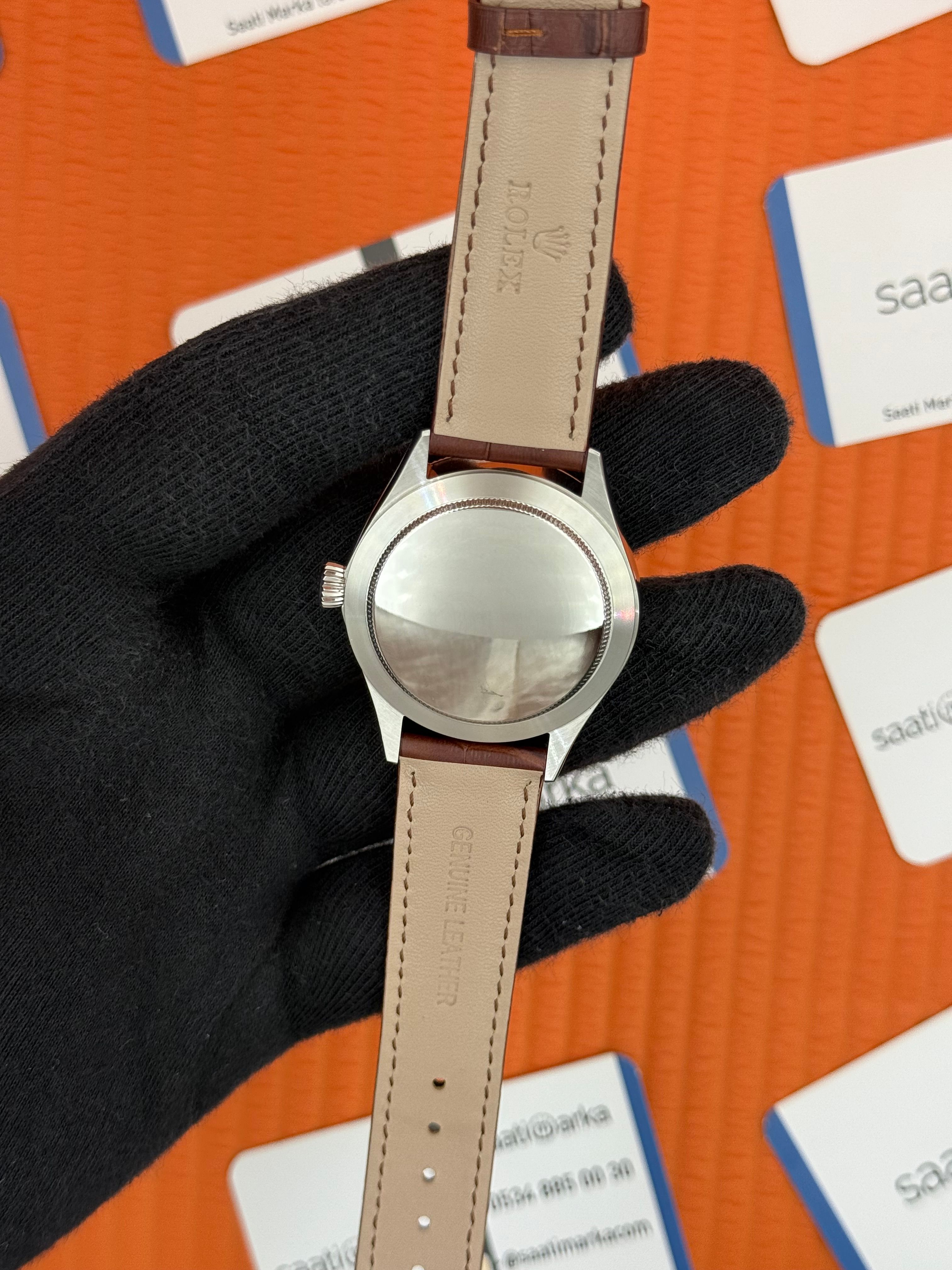 ROLEX Cellini silver kasa beyaz kadran kahverengi deri kordon