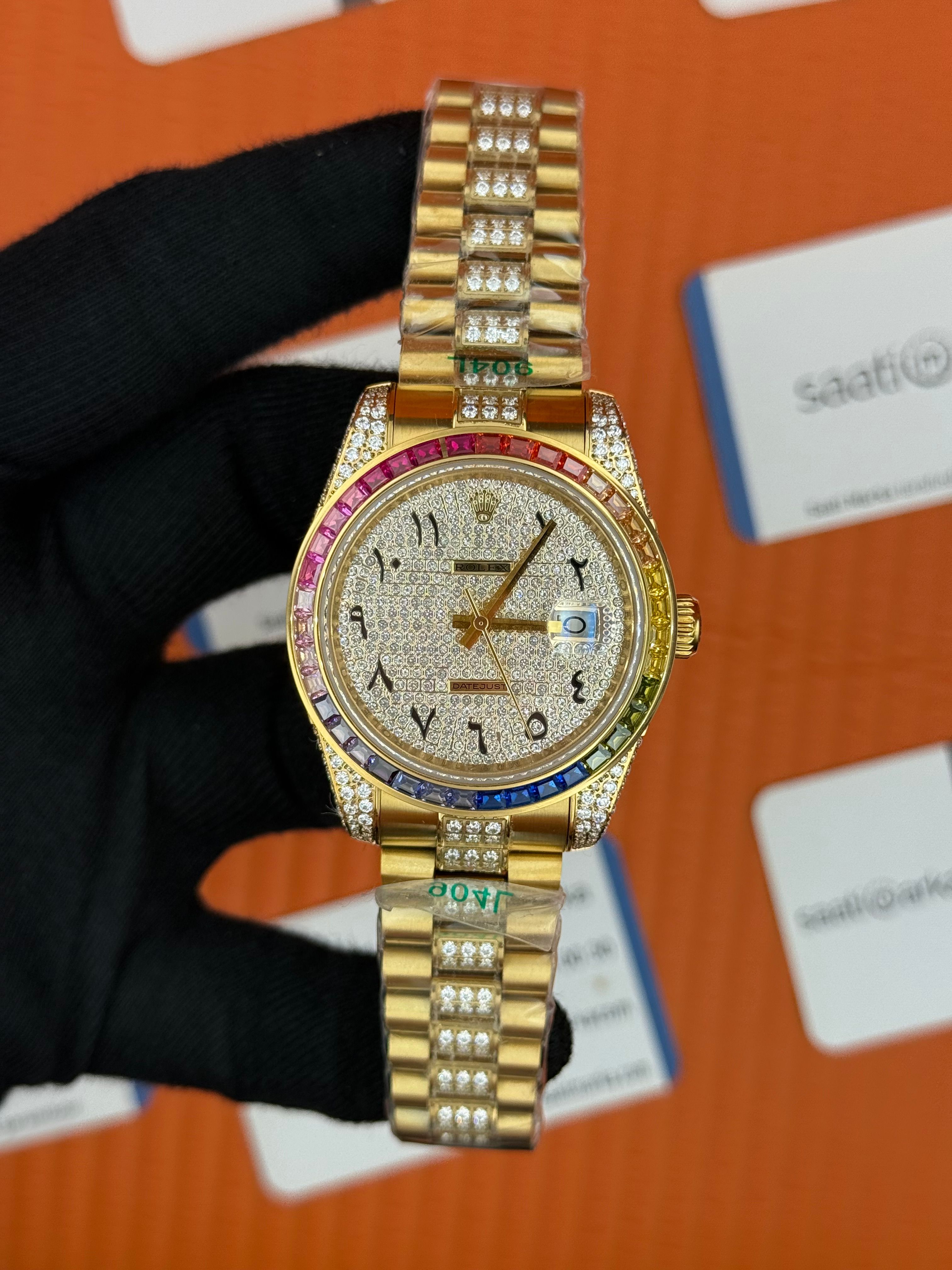 ROLEX Datejust arap rakamlı kadran taşlı kasa kordon gold