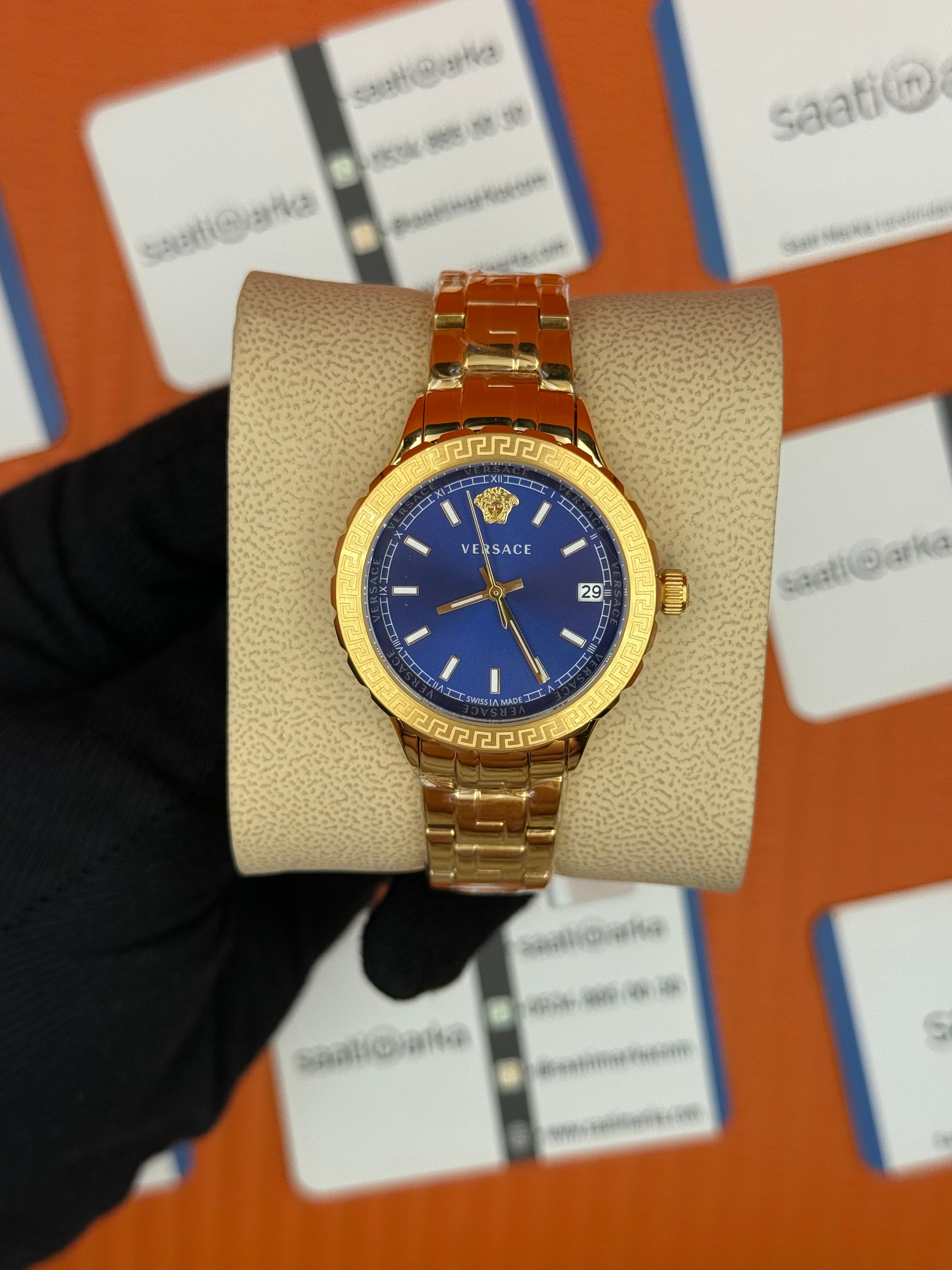 VERSACE mavi kadran gold kasa kordon kadın kol saati