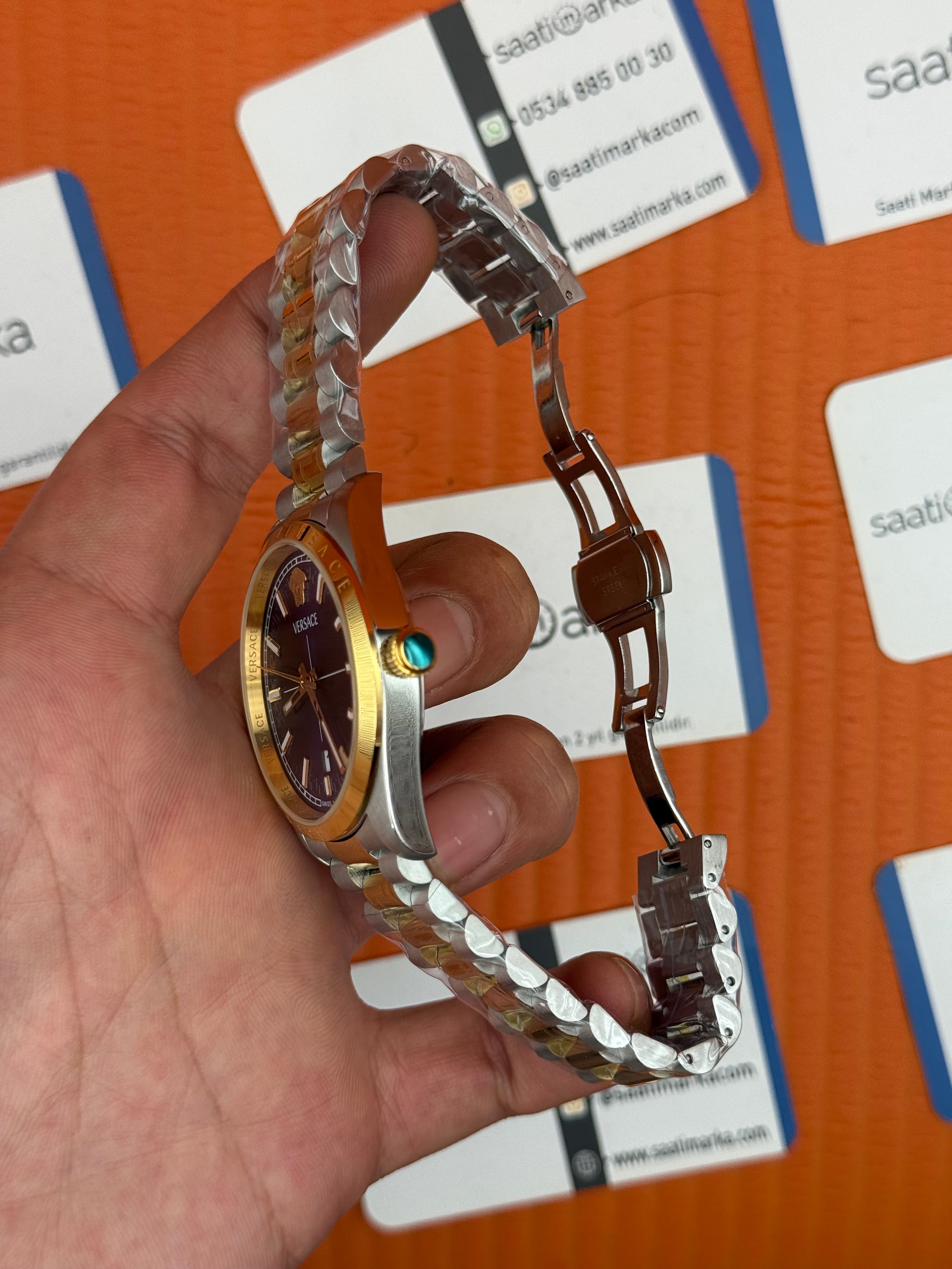 VERSACE 40mm lacivert kadran gold silver kasa kordon erkek kol saati
