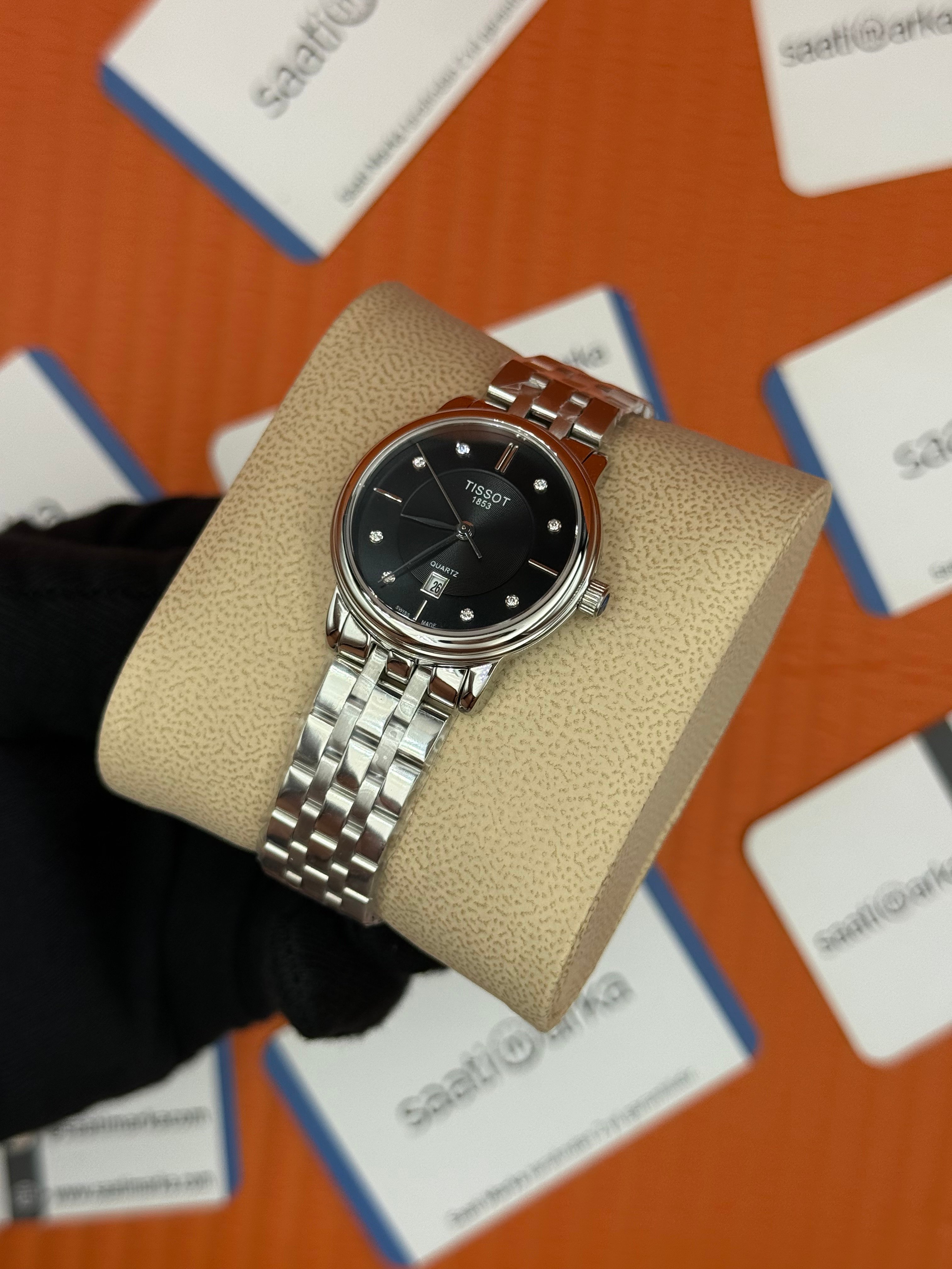 TISSOT siyah baget taşlı kadran silver kasa kordon kadın kol saati