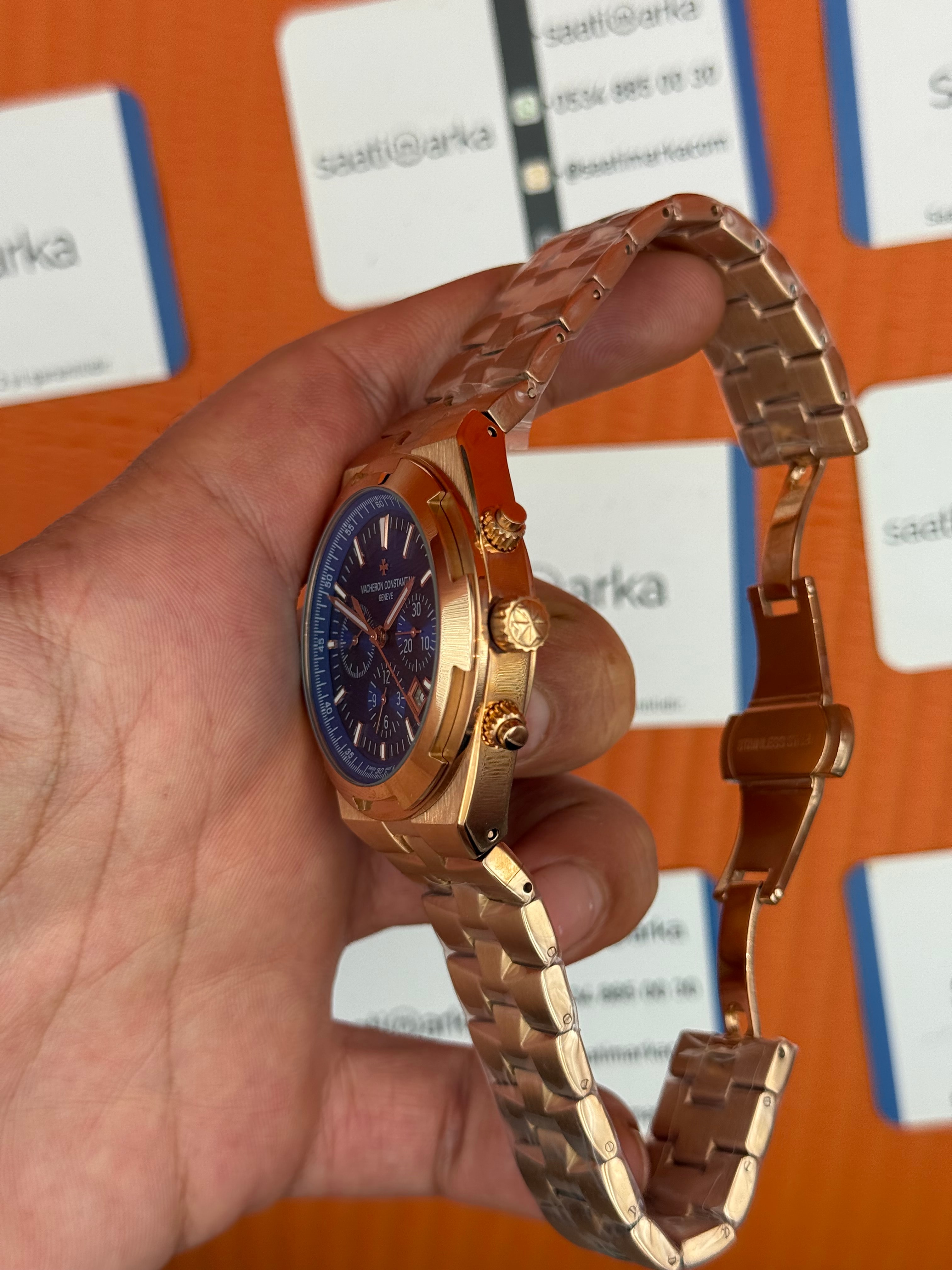 VACHERON CONSTANTIN overseas chronograph mavi kadran rose kasa kordon erkek kol saati