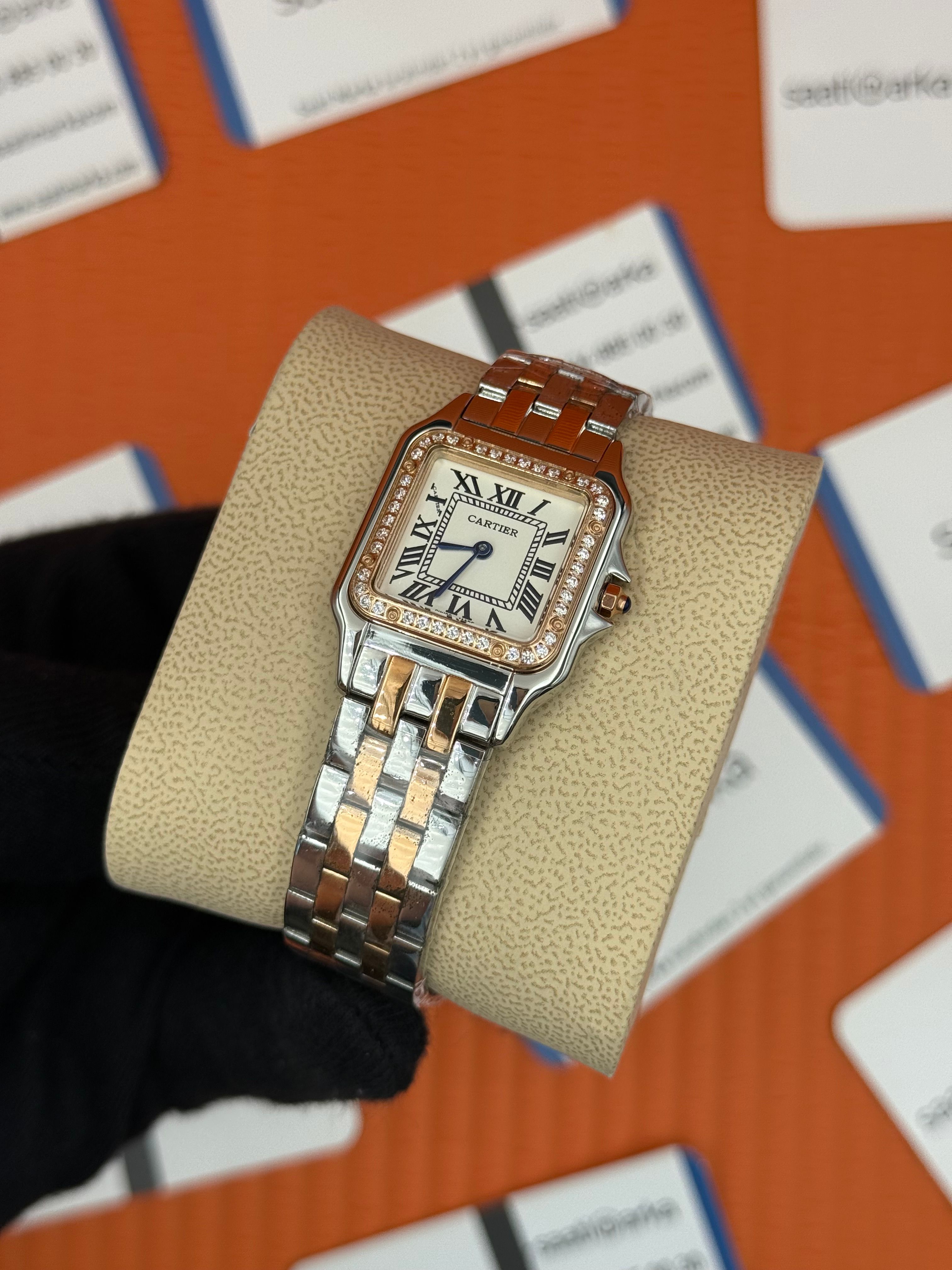 CARTIER Panthere 27mm taşlı bezel rose silver kordon lacivert akrep yelkovan