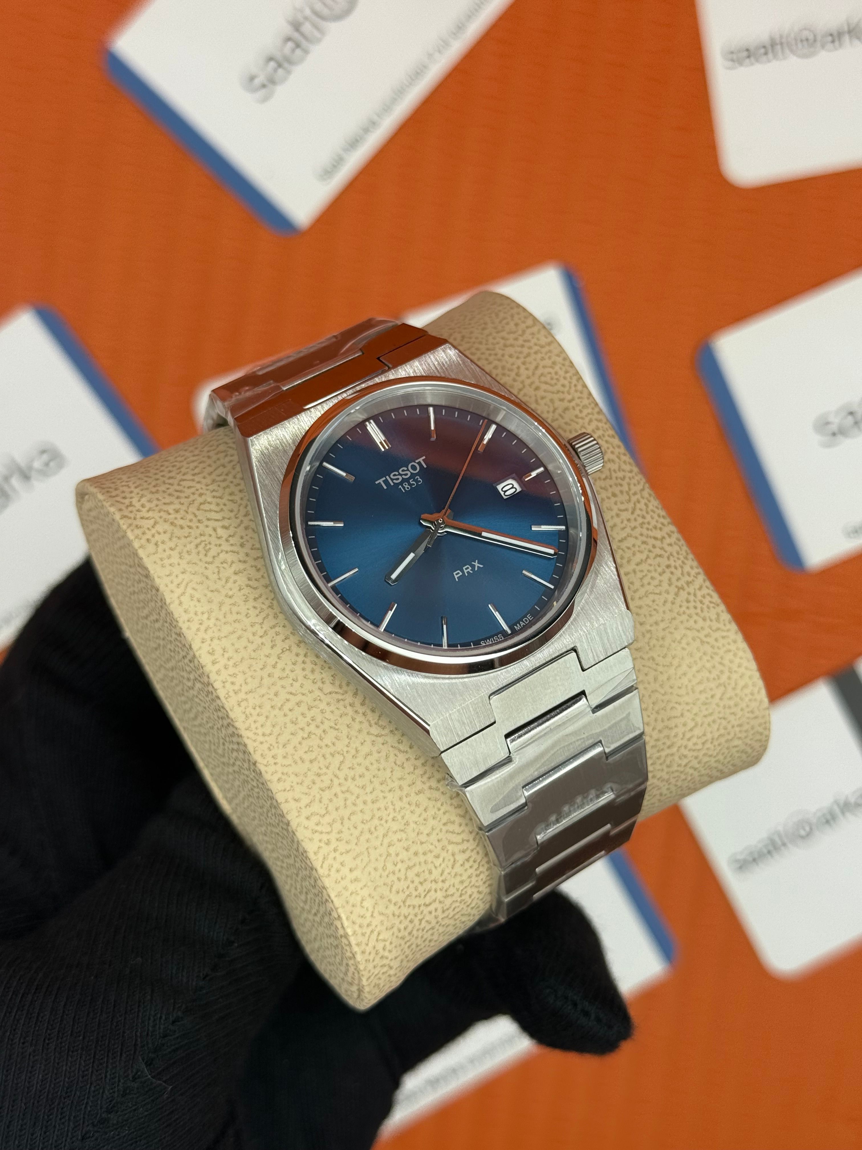 TISSOT PRX 40MM mavi kardan silver kasa  kordon erkek kol saati