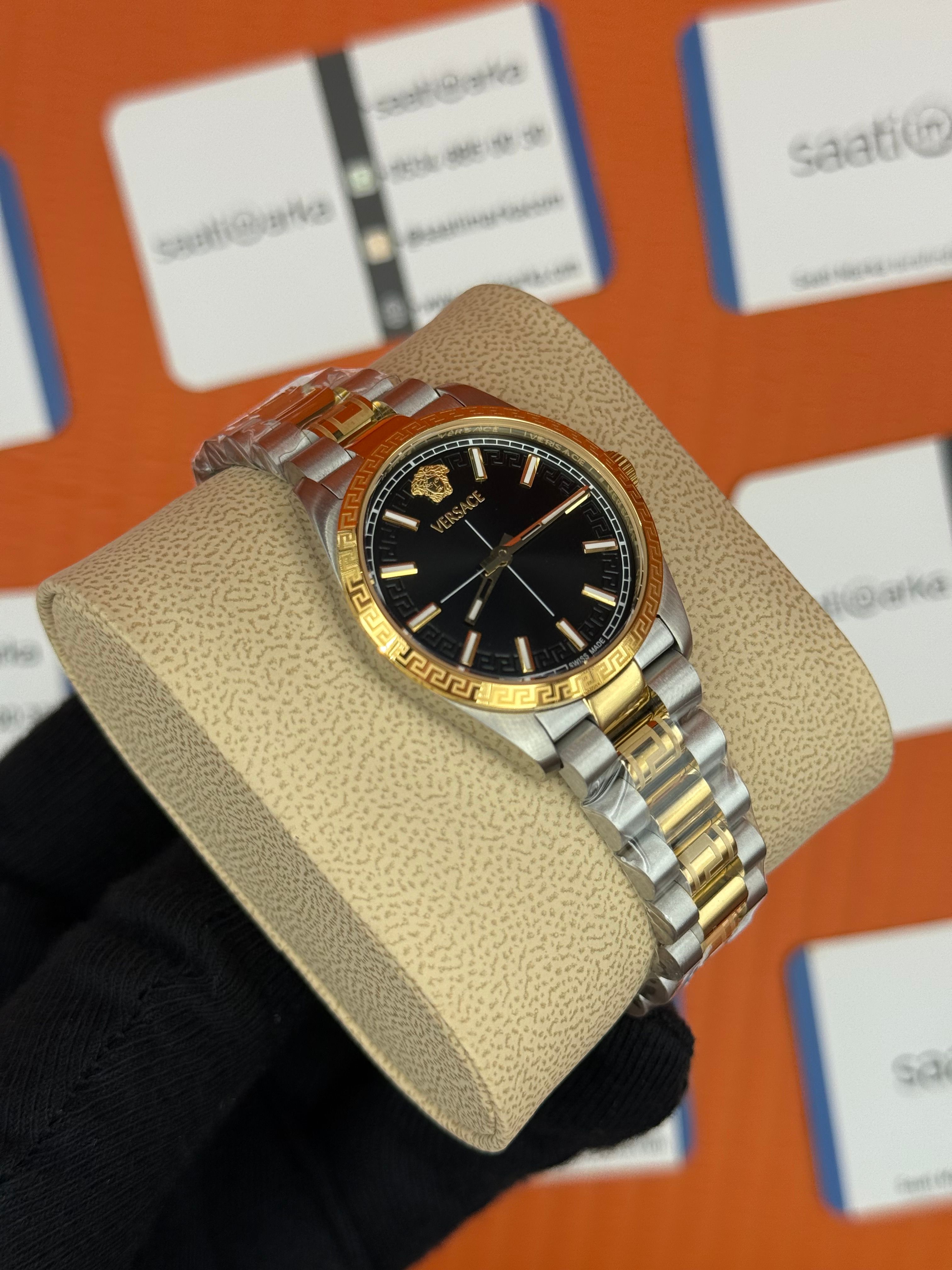 VERSACE siyah kadran gold silver kasa kordon kadın kol saati
