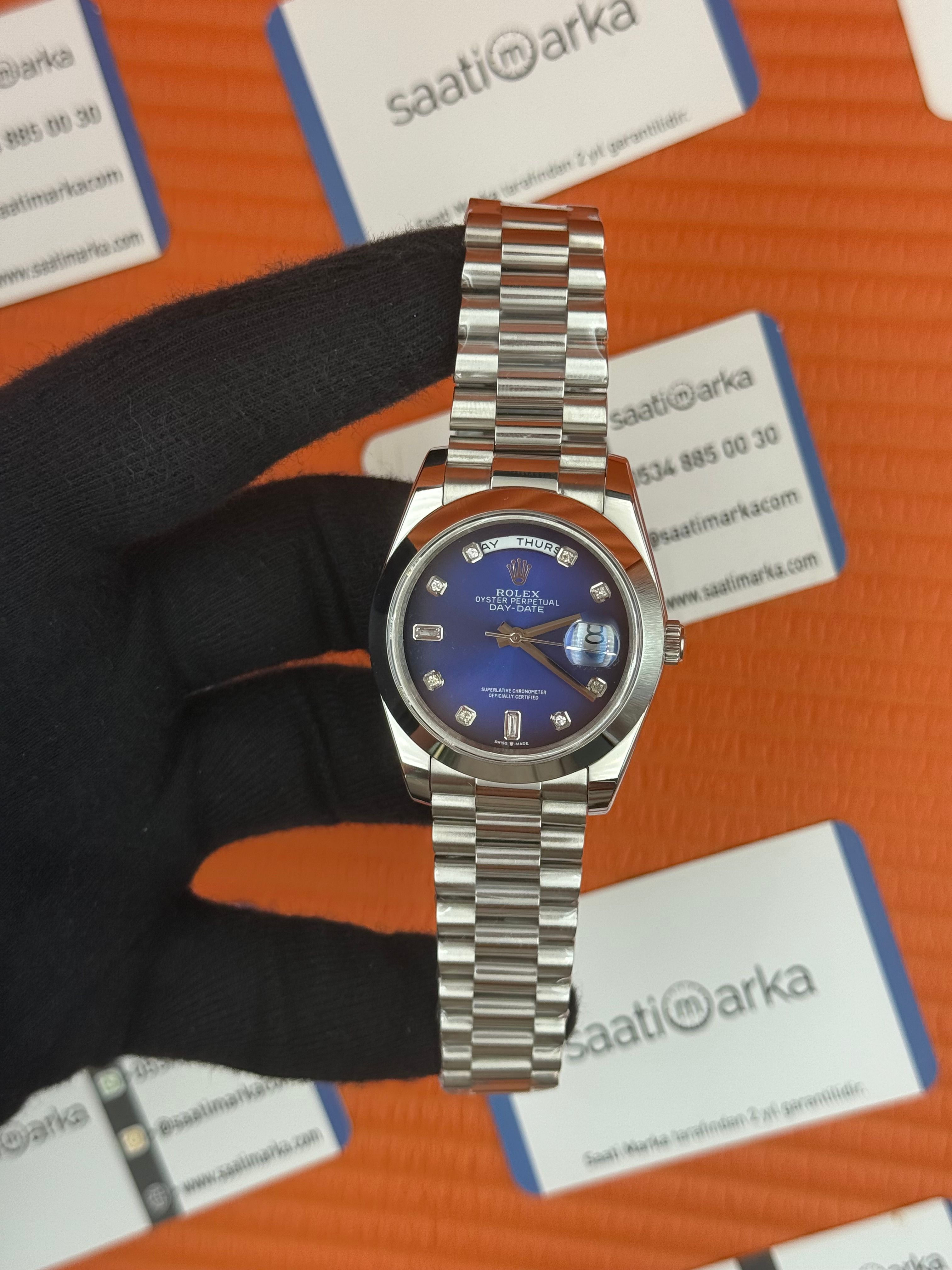 ROLEX Day Date baget taşlı mavi siyah kadran silver president kordon