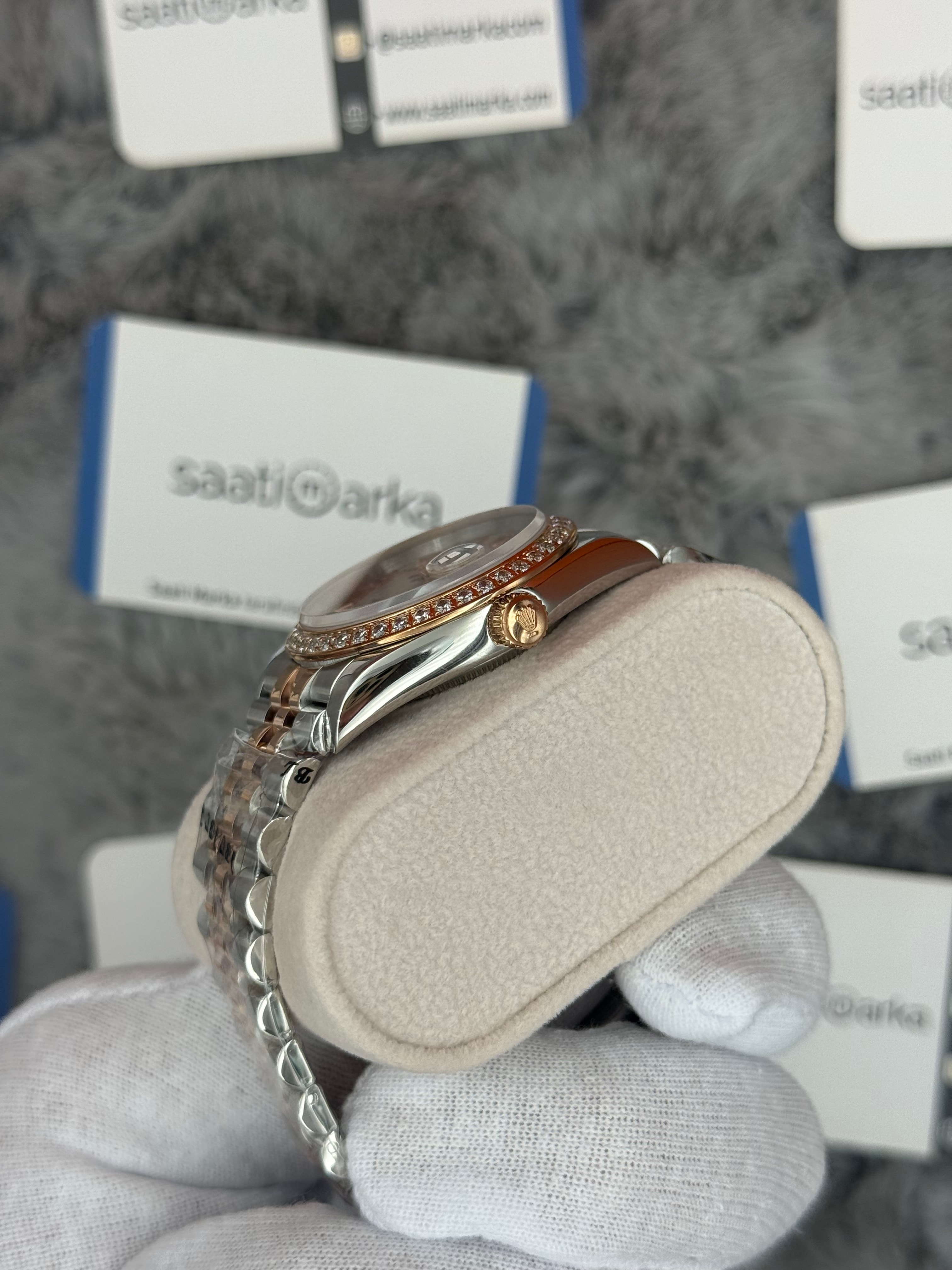 ROLEX Datejust 36mm beyaz kadran taşlı bezel silver kasa rose silver jubilee kordon