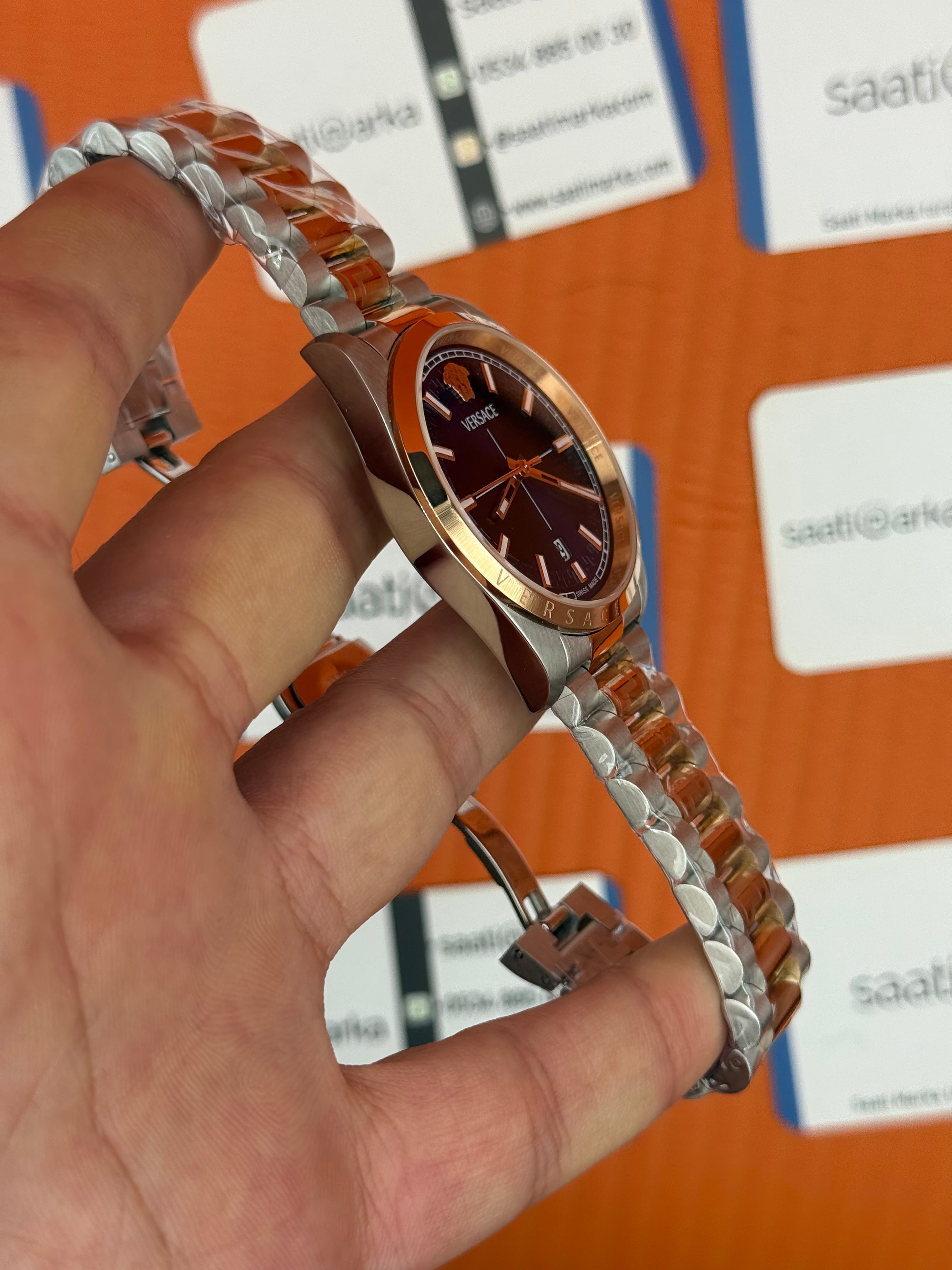 VERSACE  40mm lacivert kadran rose silver kasa kordon erkek kol saati