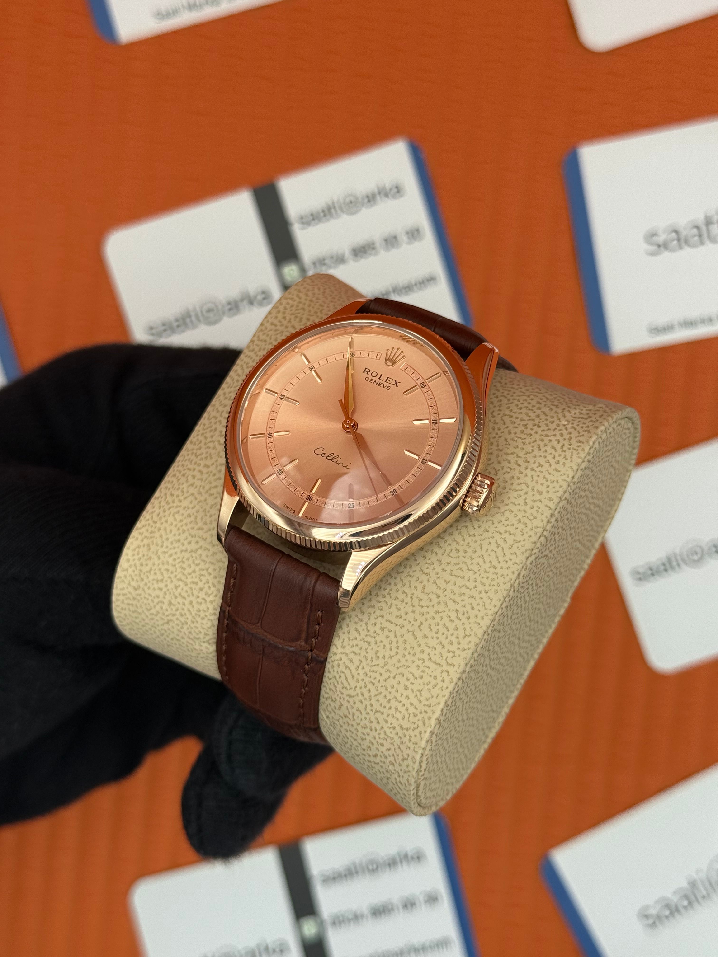 ROLEX Cellini rose kasa rose kadran kahverengi deri kordon