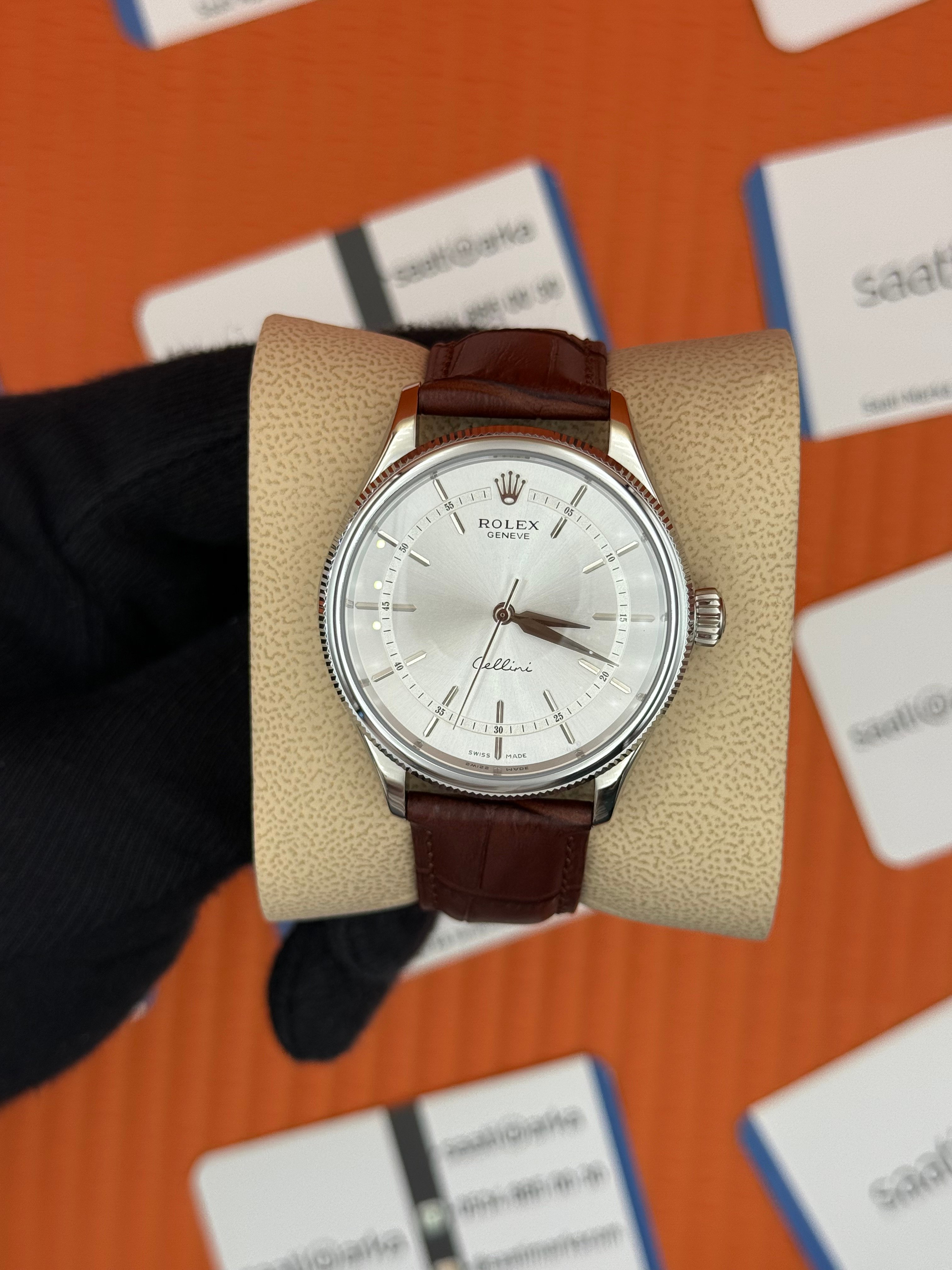 ROLEX Cellini silver kasa beyaz kadran kahverengi deri kordon