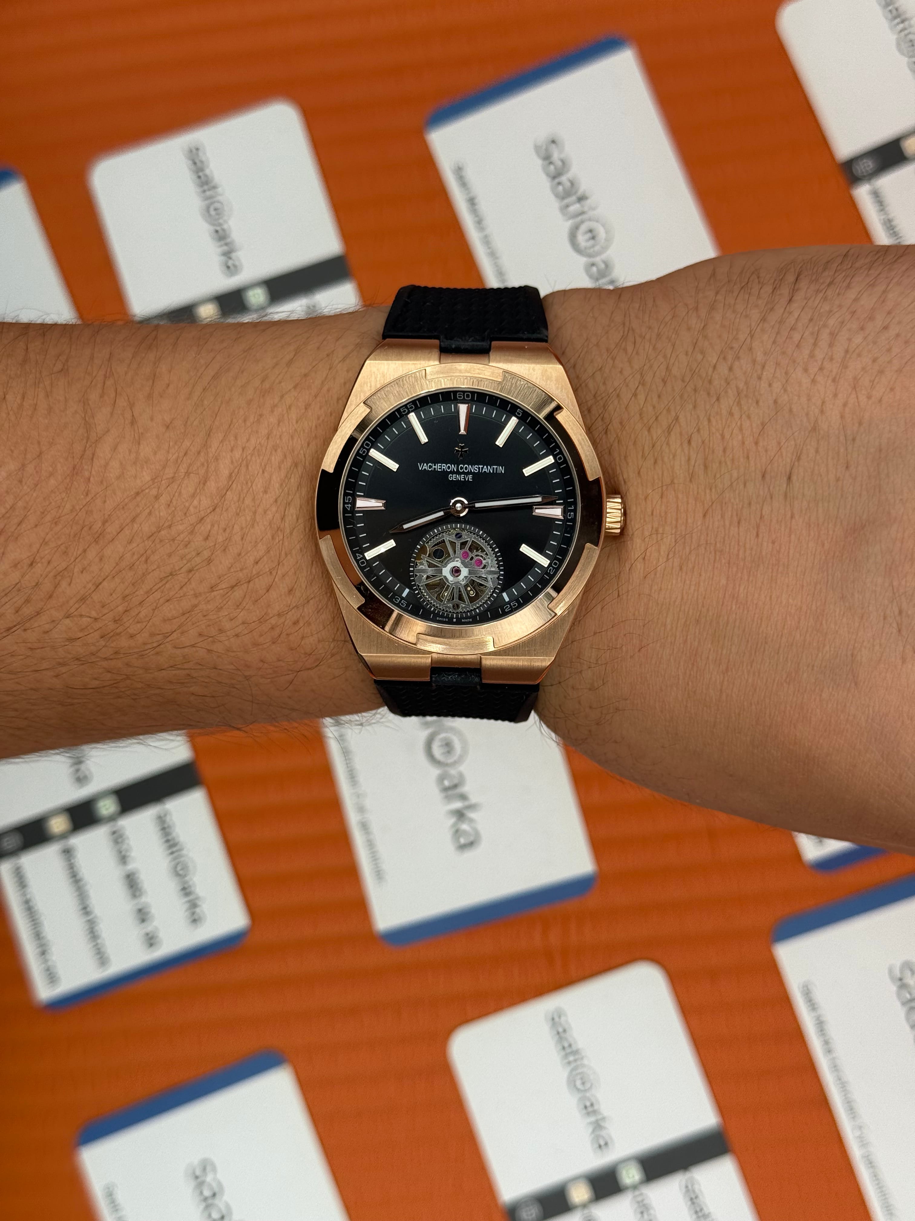 VACHERON CONSTANTIN overseas tourbillon siyah kadran rose kasa siyah kauçuk kordon erkek kol saati