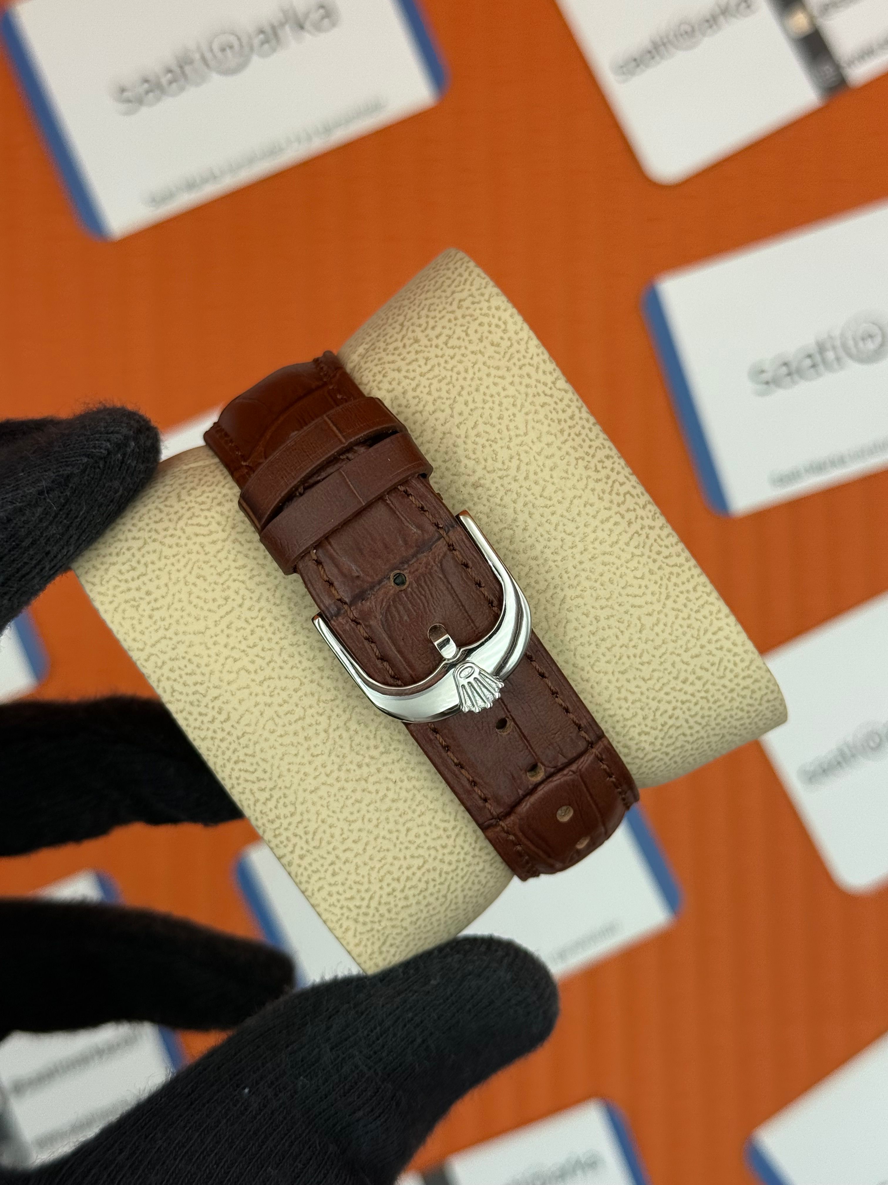ROLEX Cellini silver kasa beyaz kadran kahverengi deri kordon
