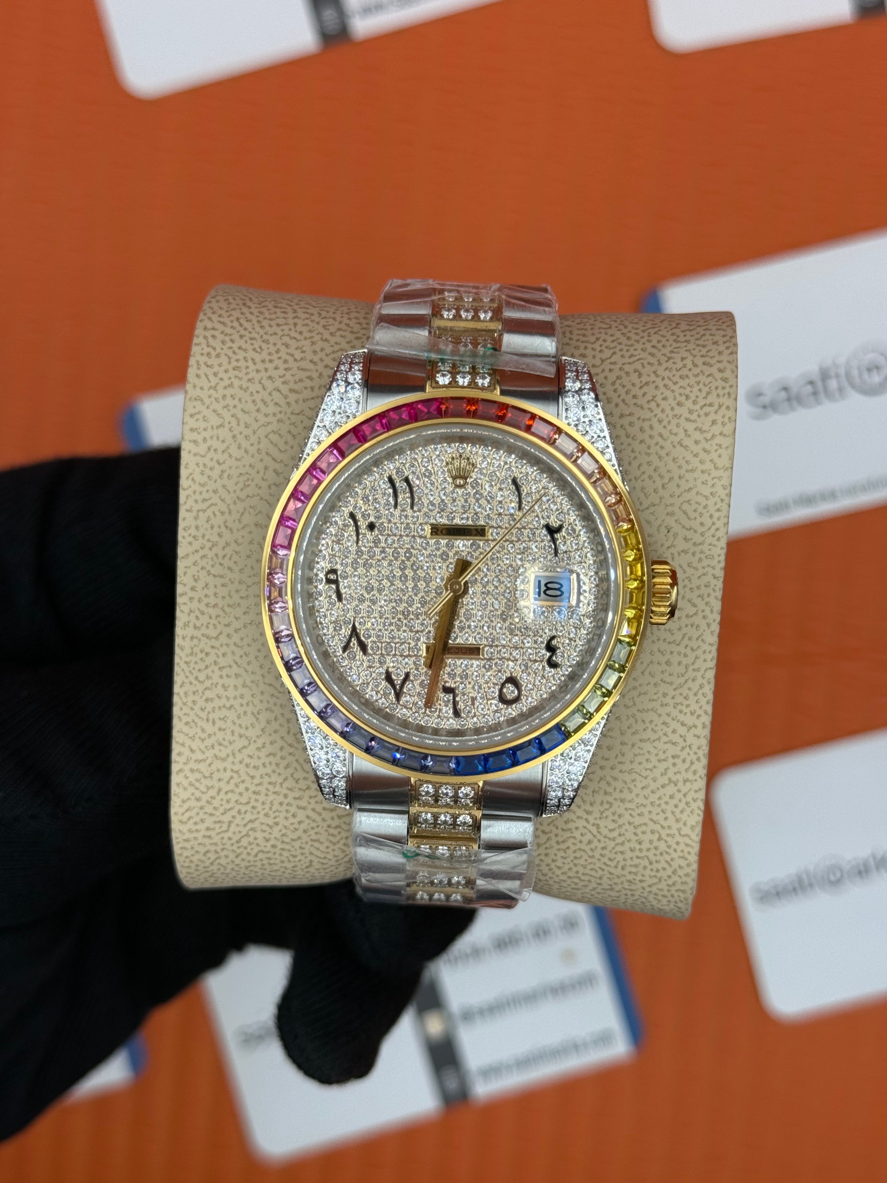 ROLEX Datejust arap rakamlı kadran taşlı kasa kordon gold silver