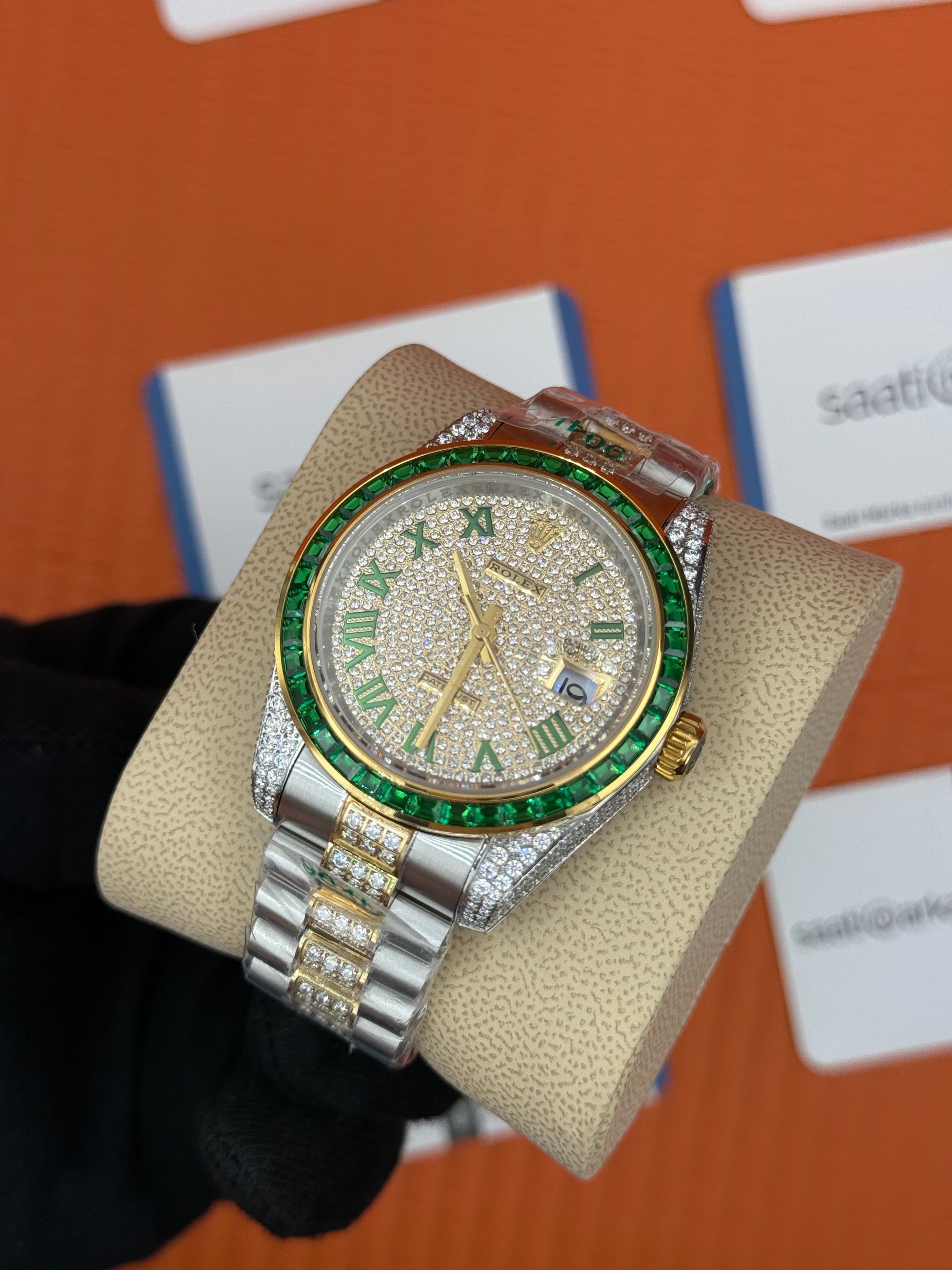 ROLEX Datejust roma rakamlı kadran taşlı kasa kordon gold silver