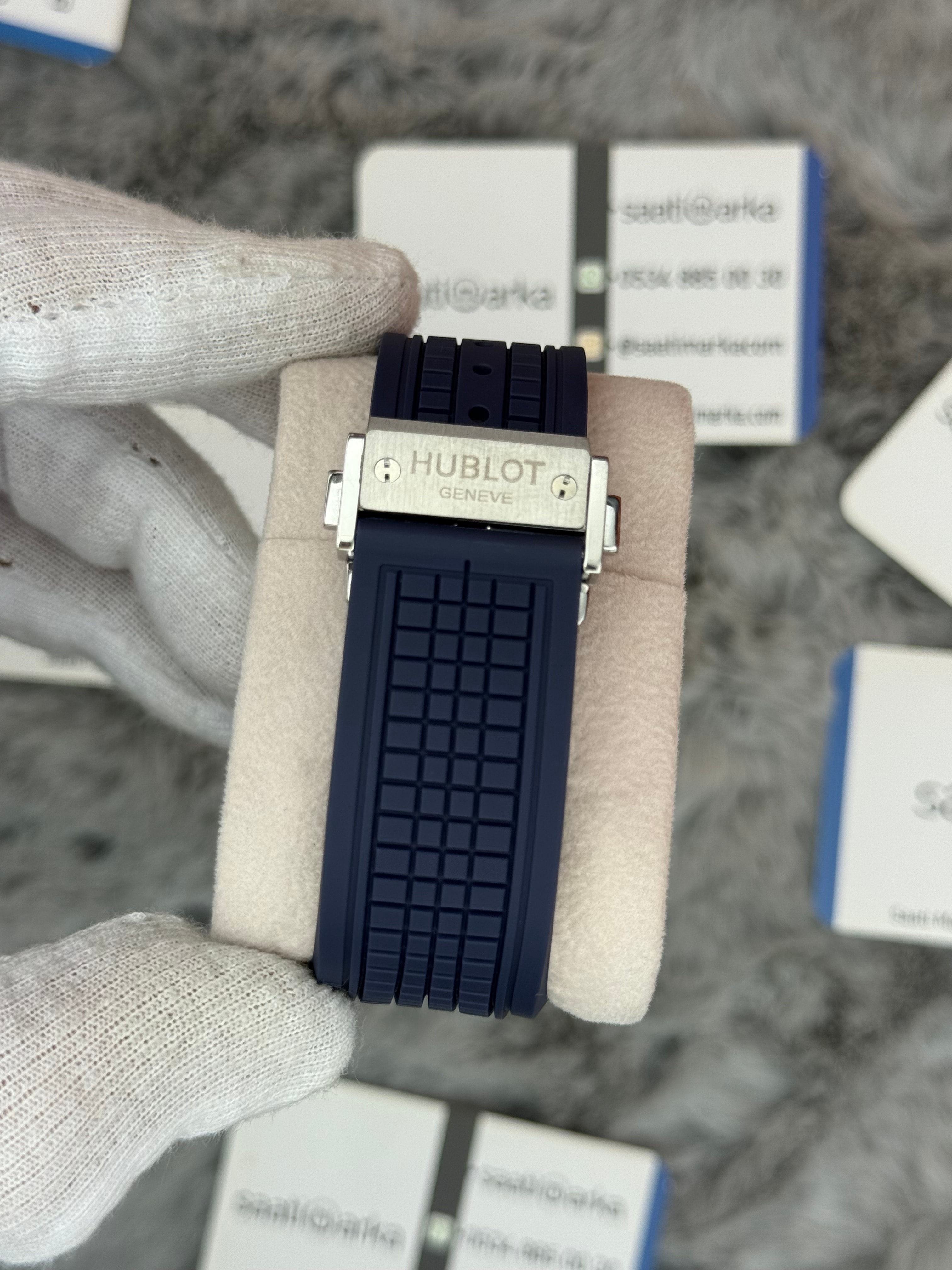 HUBLOT square bang tourbillon 42mm silver kasa lacivert kauçuk kordon erkek kol saati