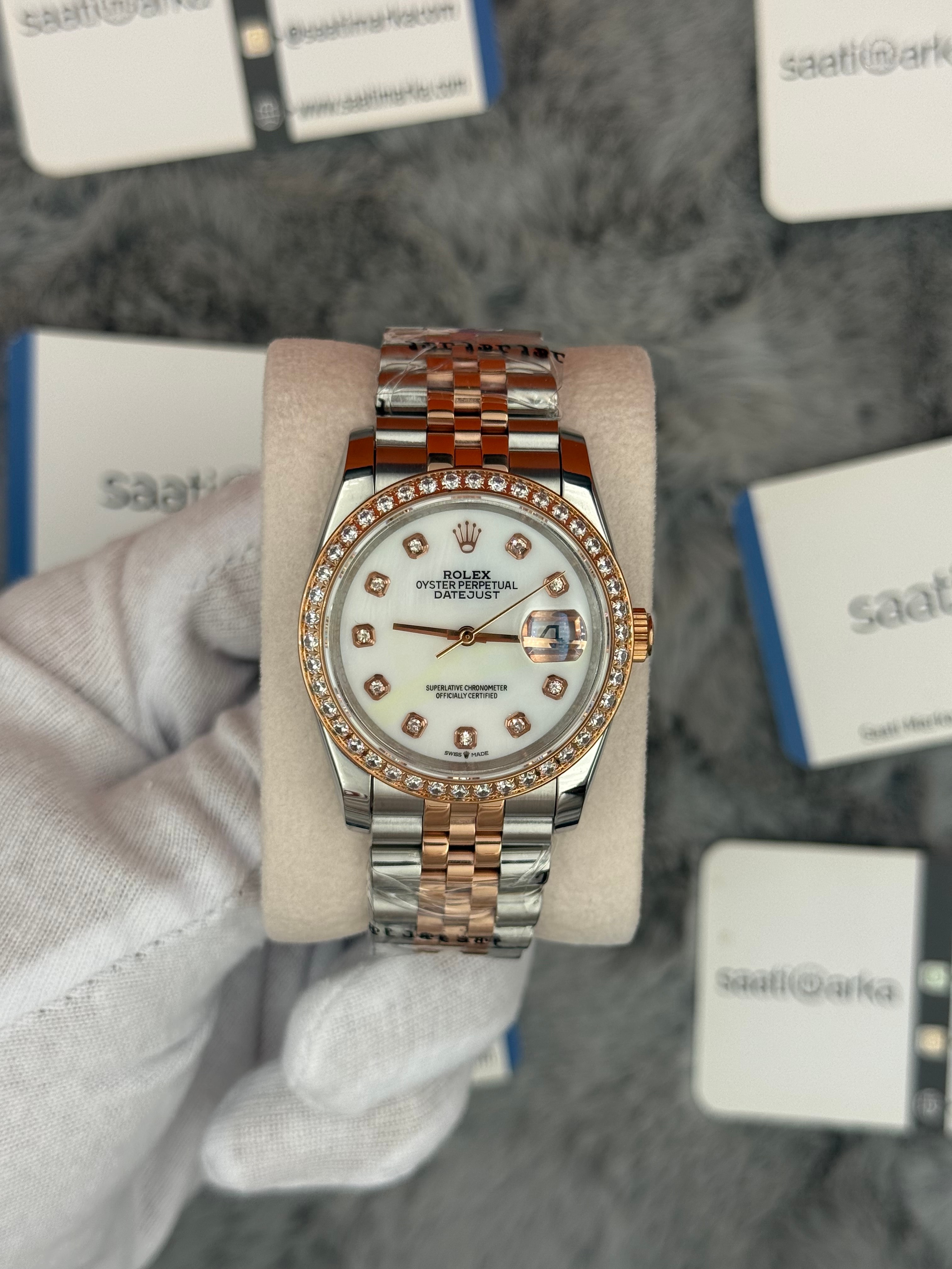 ROLEX Datejust 36mm beyaz kadran taşlı bezel silver kasa rose silver jubilee kordon