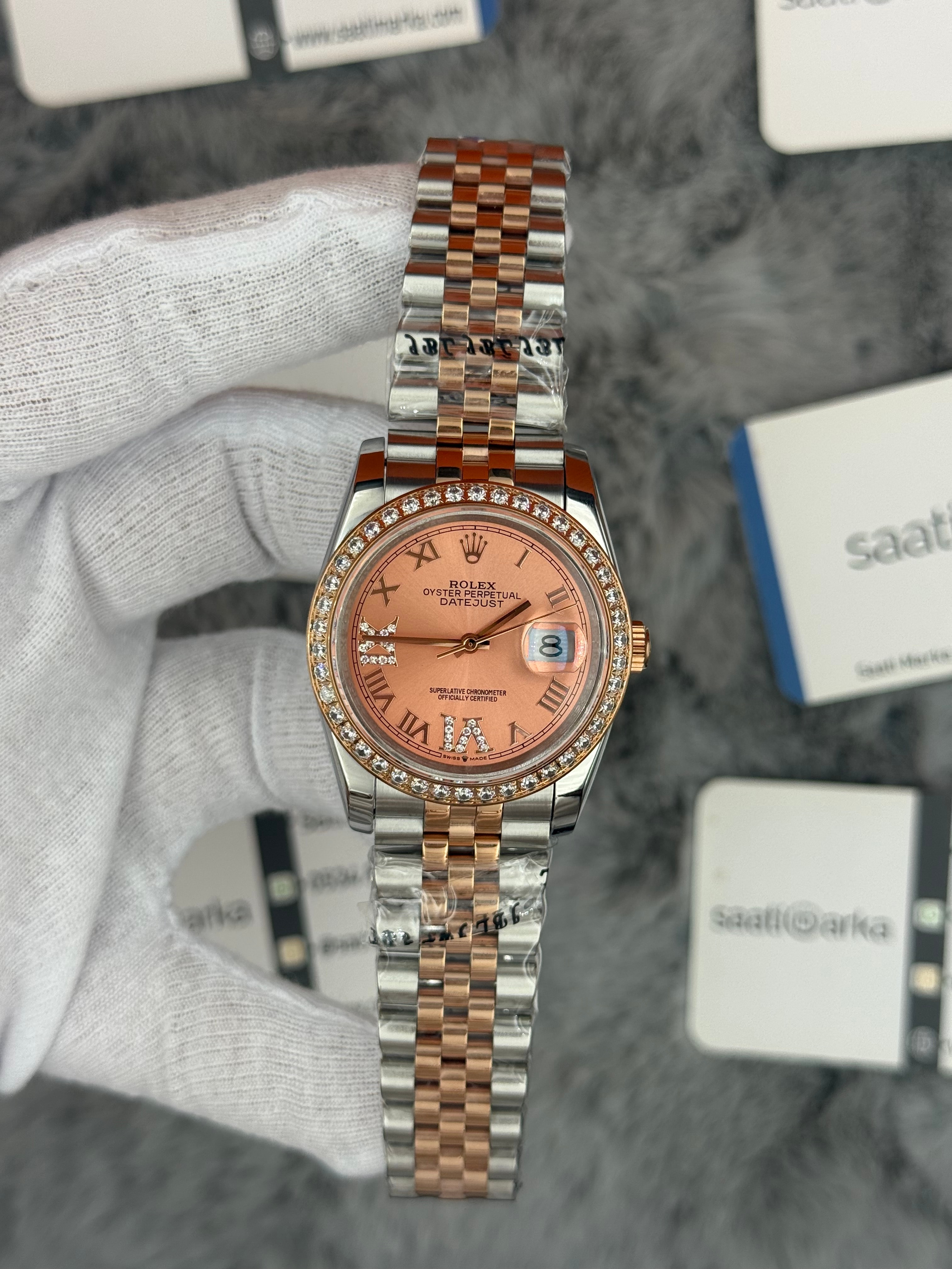ROLEX Datejust 36mm toz pembe kadran taşlı bezel silver kasa rose silver jubilee kordon