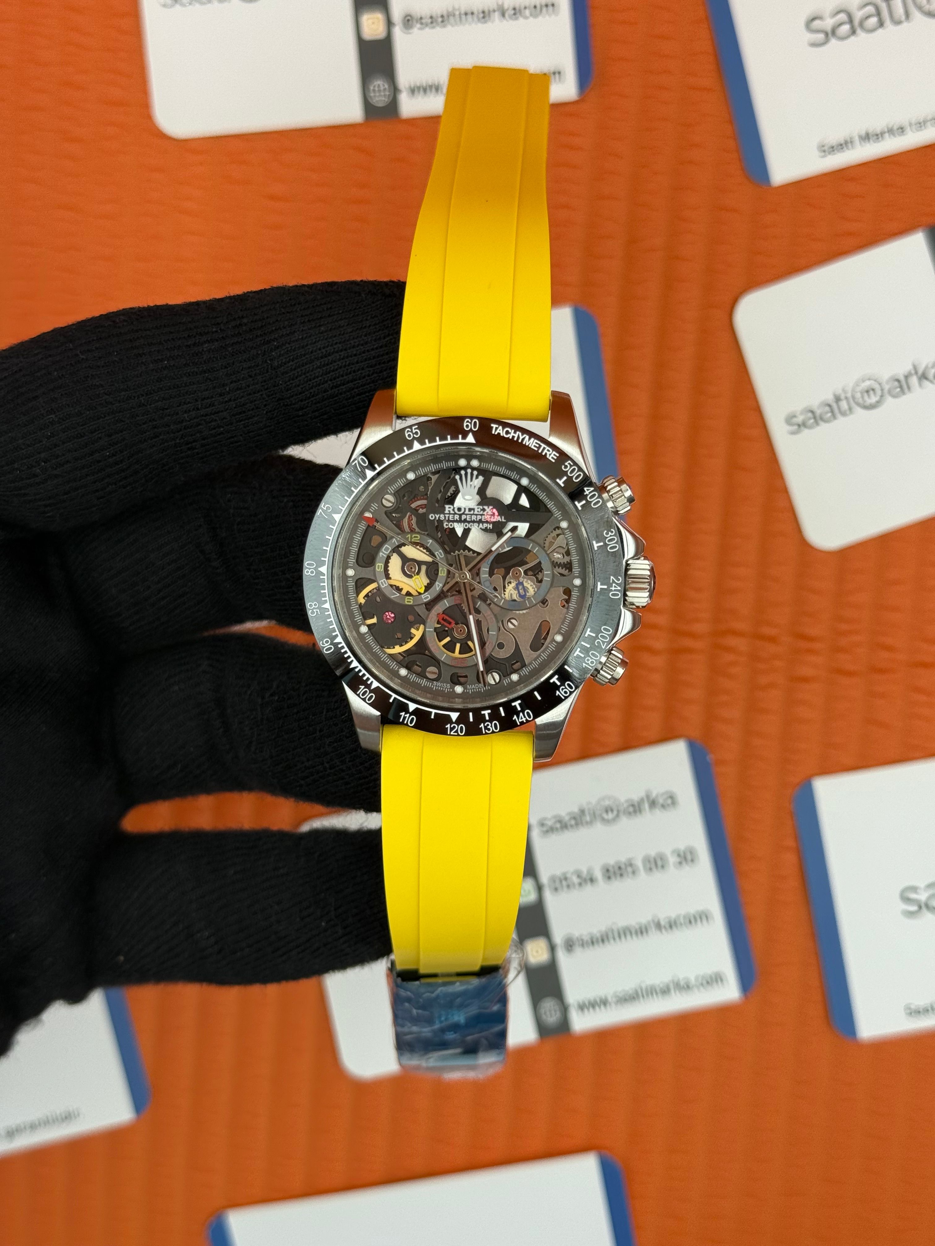 ROLEX Daytona juan pablo montoya sarı kauçuk kordon silver kasa