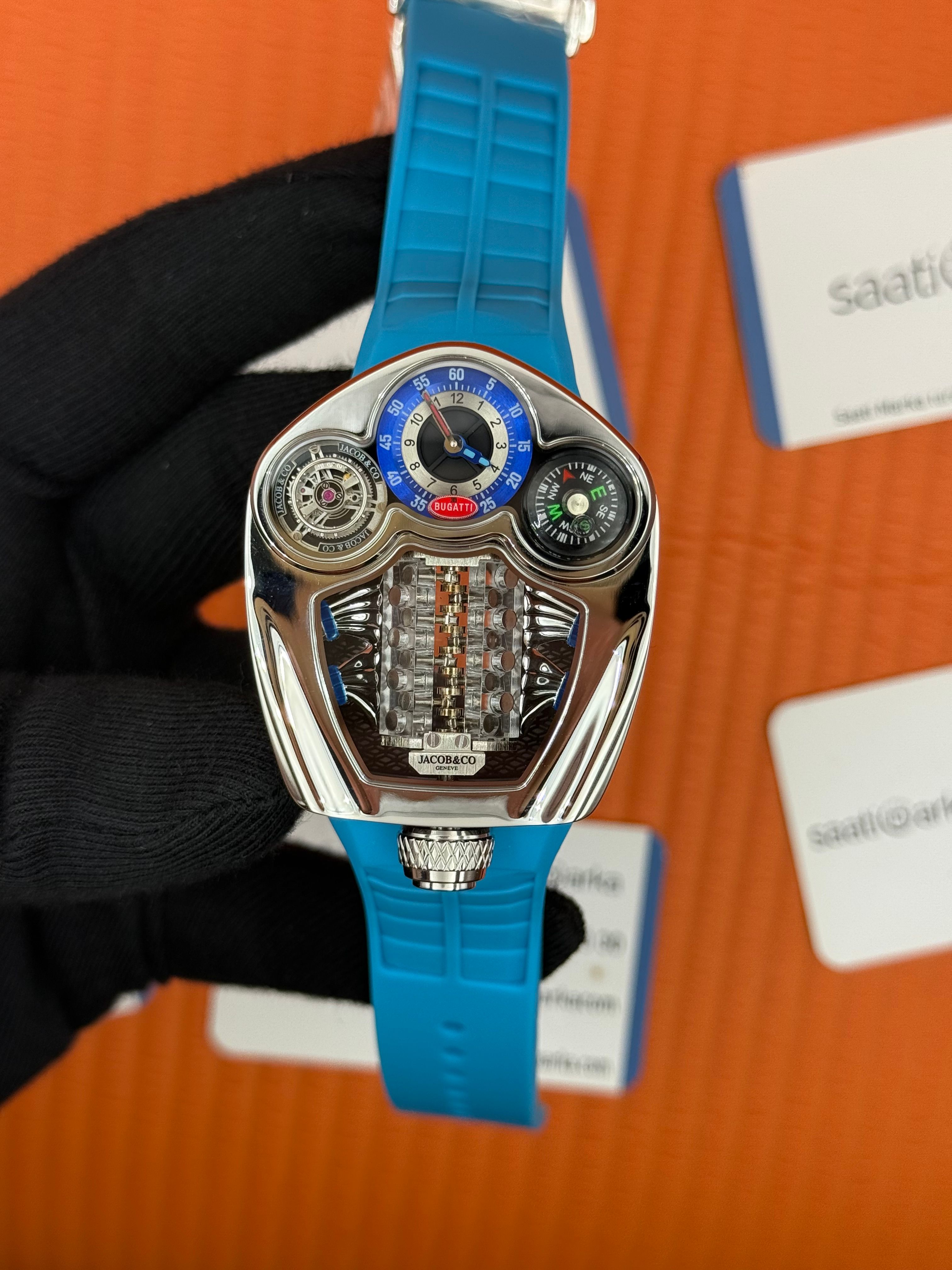 JACOB&CO BUGATTI turbillon kadran tiffany kauçuk kordon silver kasa 