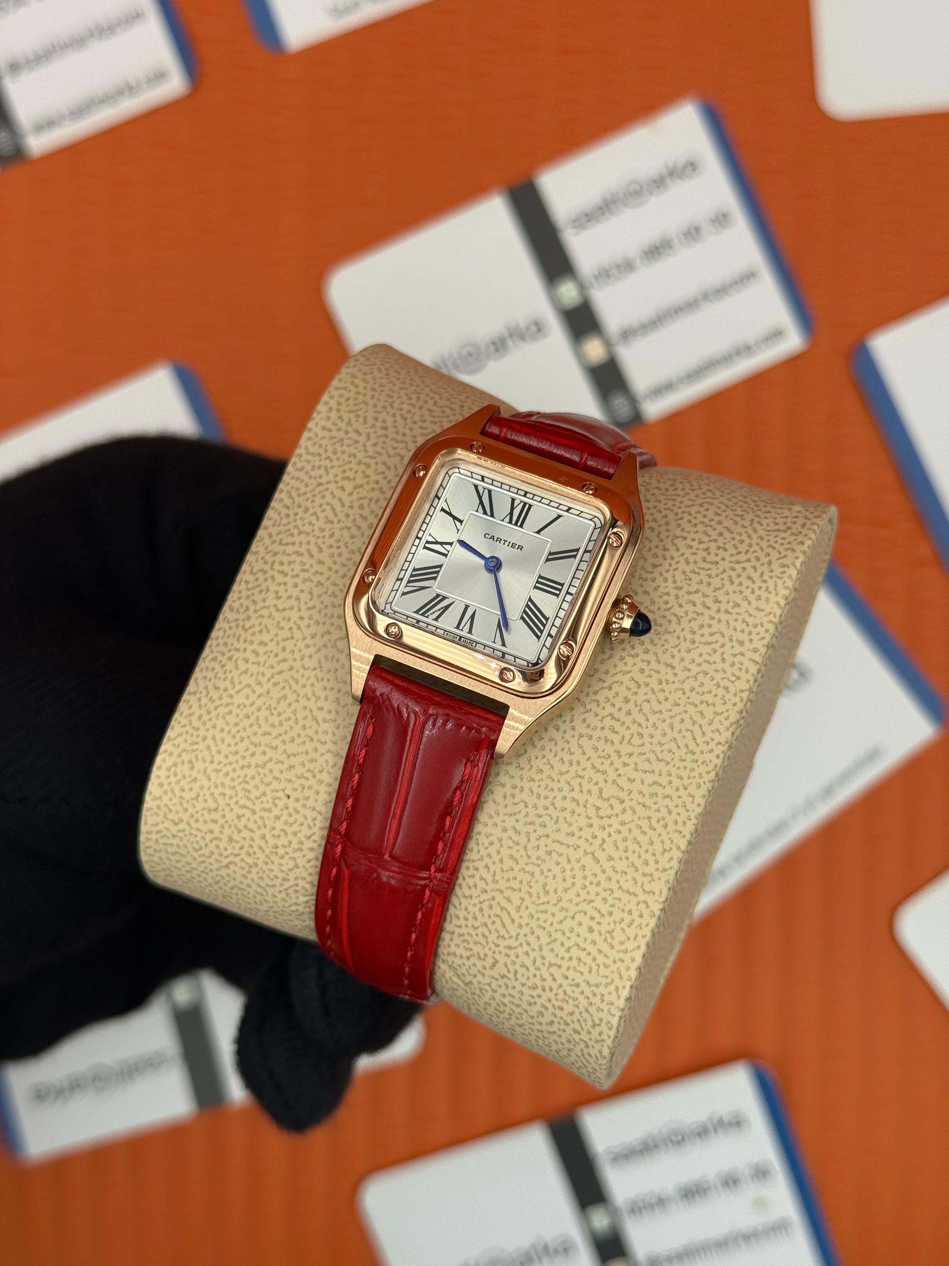 CARTIER Santos 27mm kadın kol saati rose kasa kırmızı deri kordon