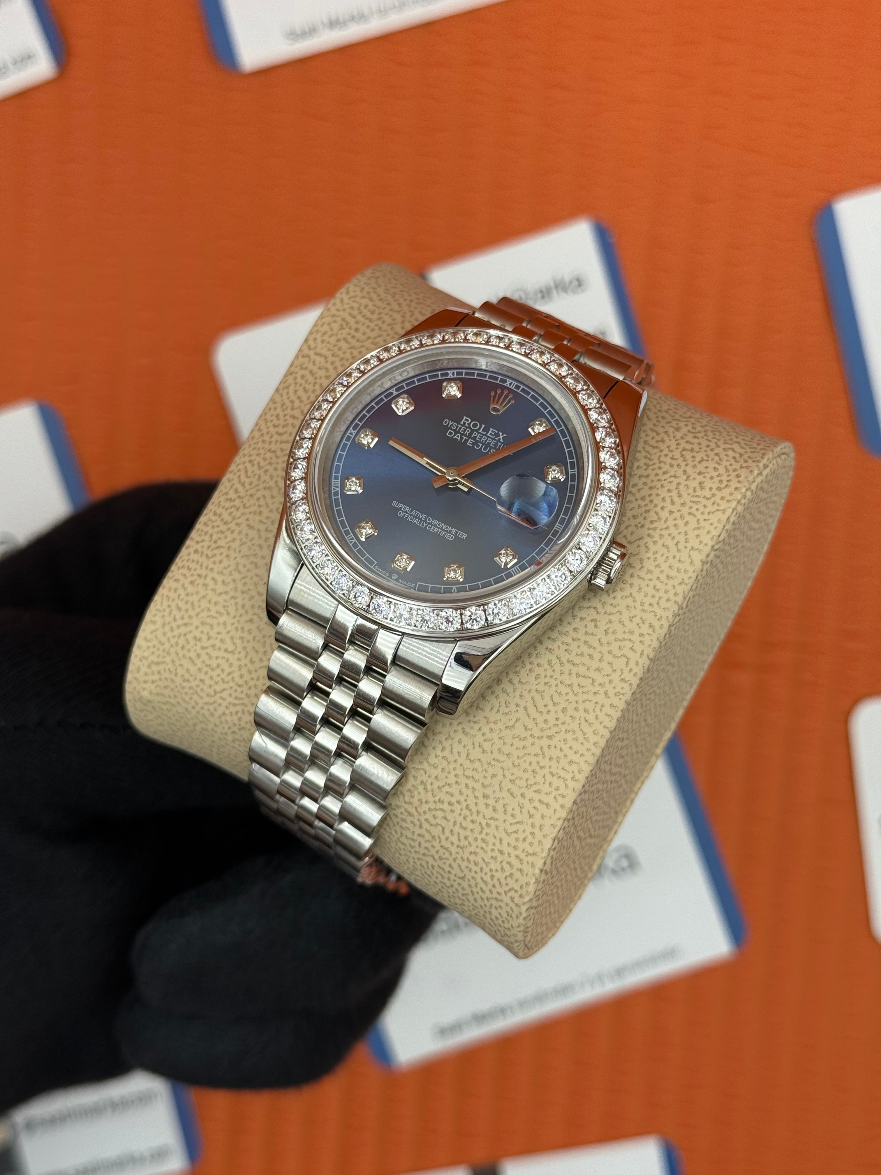 ROLEX  Datejust taşlı bezel baget taşlı blue dial silver jublee kordon