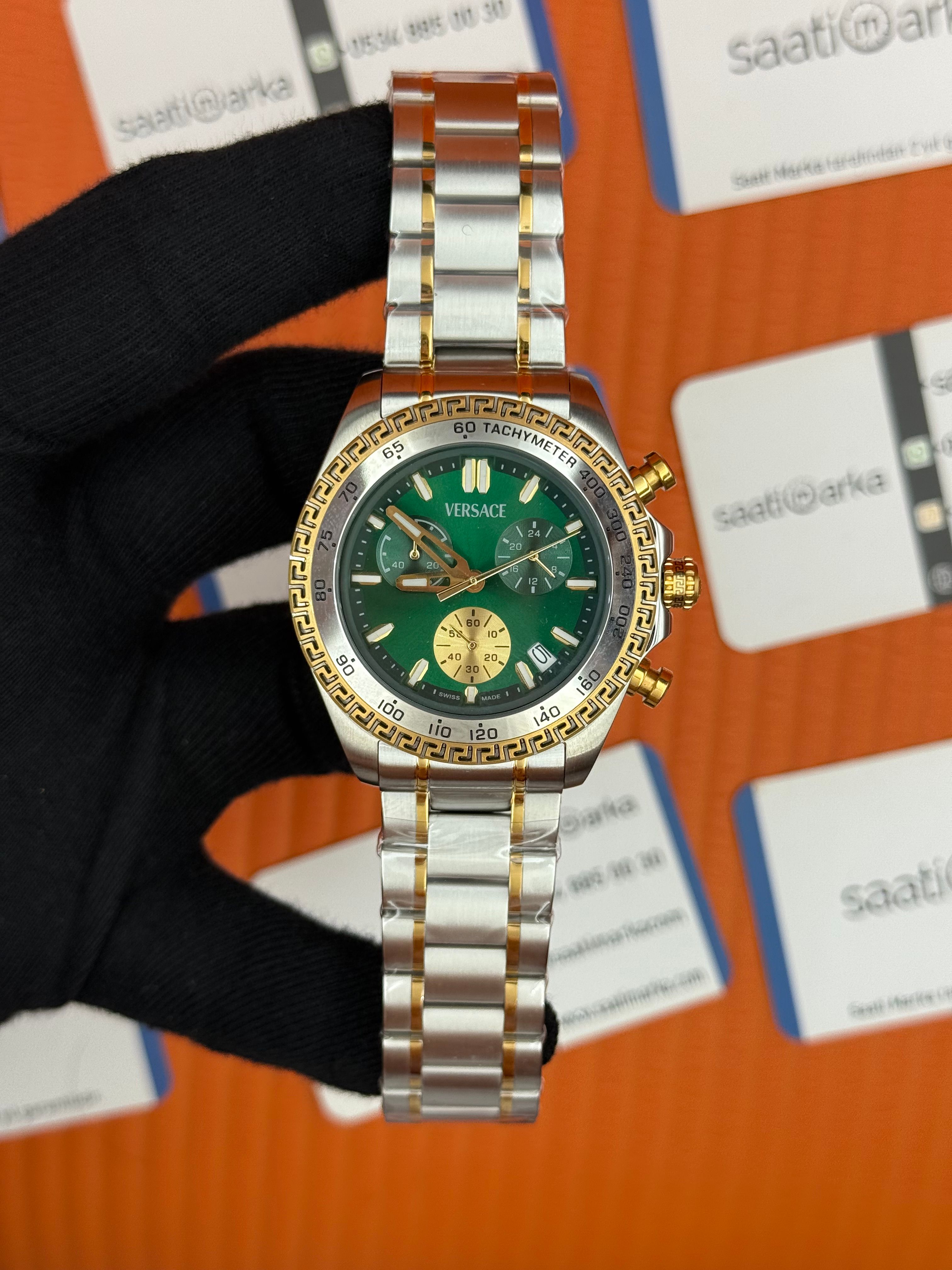 VERSACE yeşil kadran gold silver kasa kordon erkek kol saati
