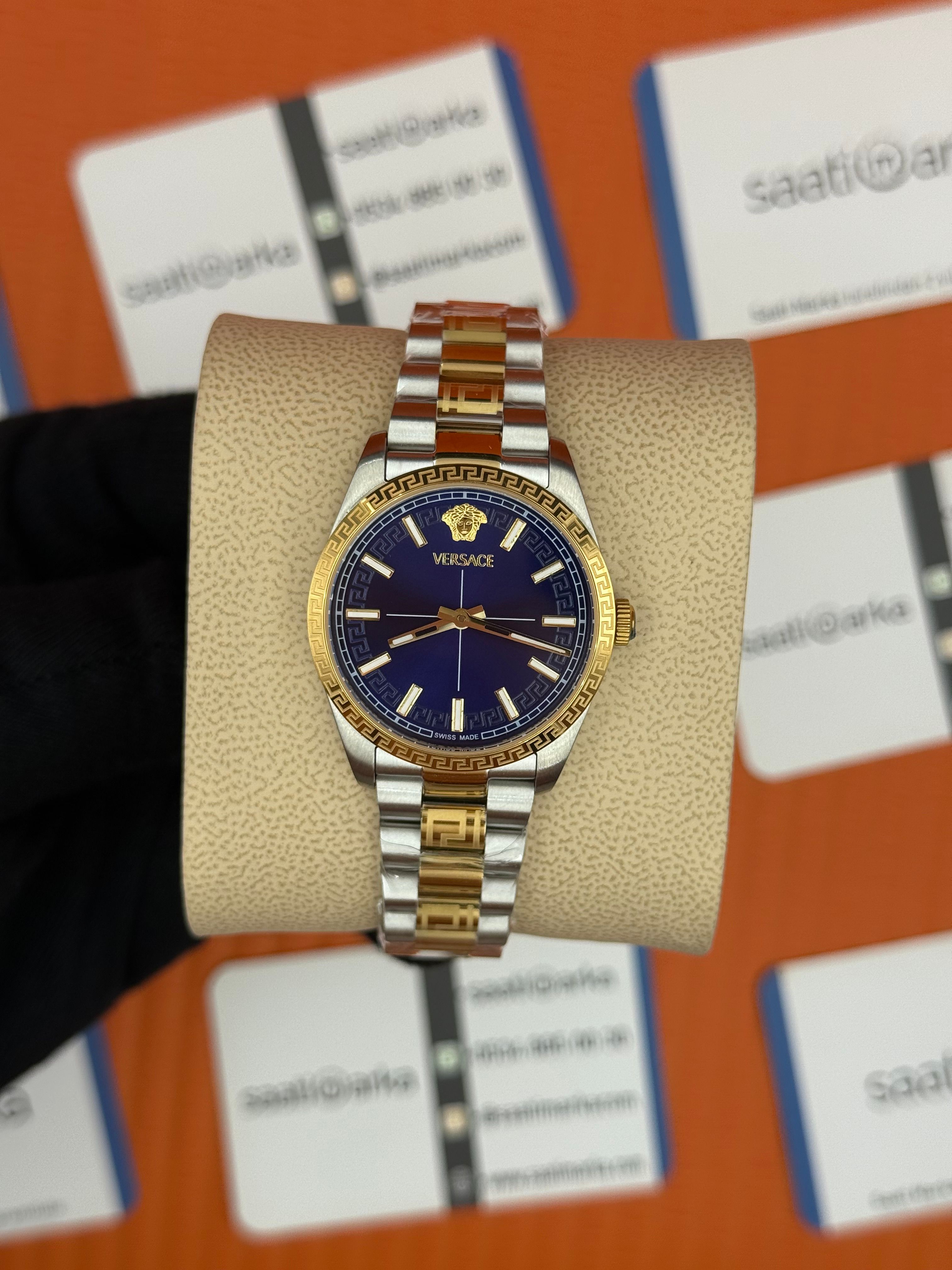 VERSACE mavi kadran gold silver kasa kordon kadın kol saati
